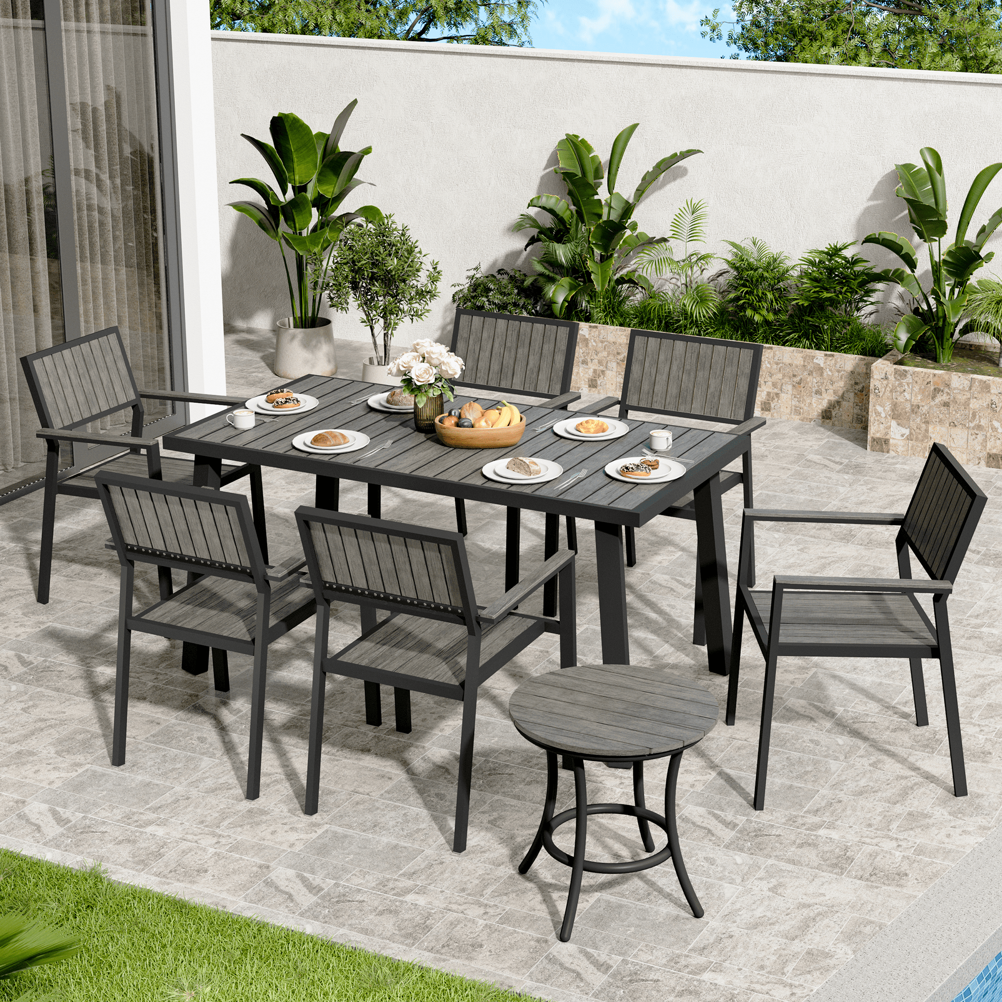 Aluminum and Wood Outdoor Dining Set - 4 Colors, 6-Pc or 8-Pc Set