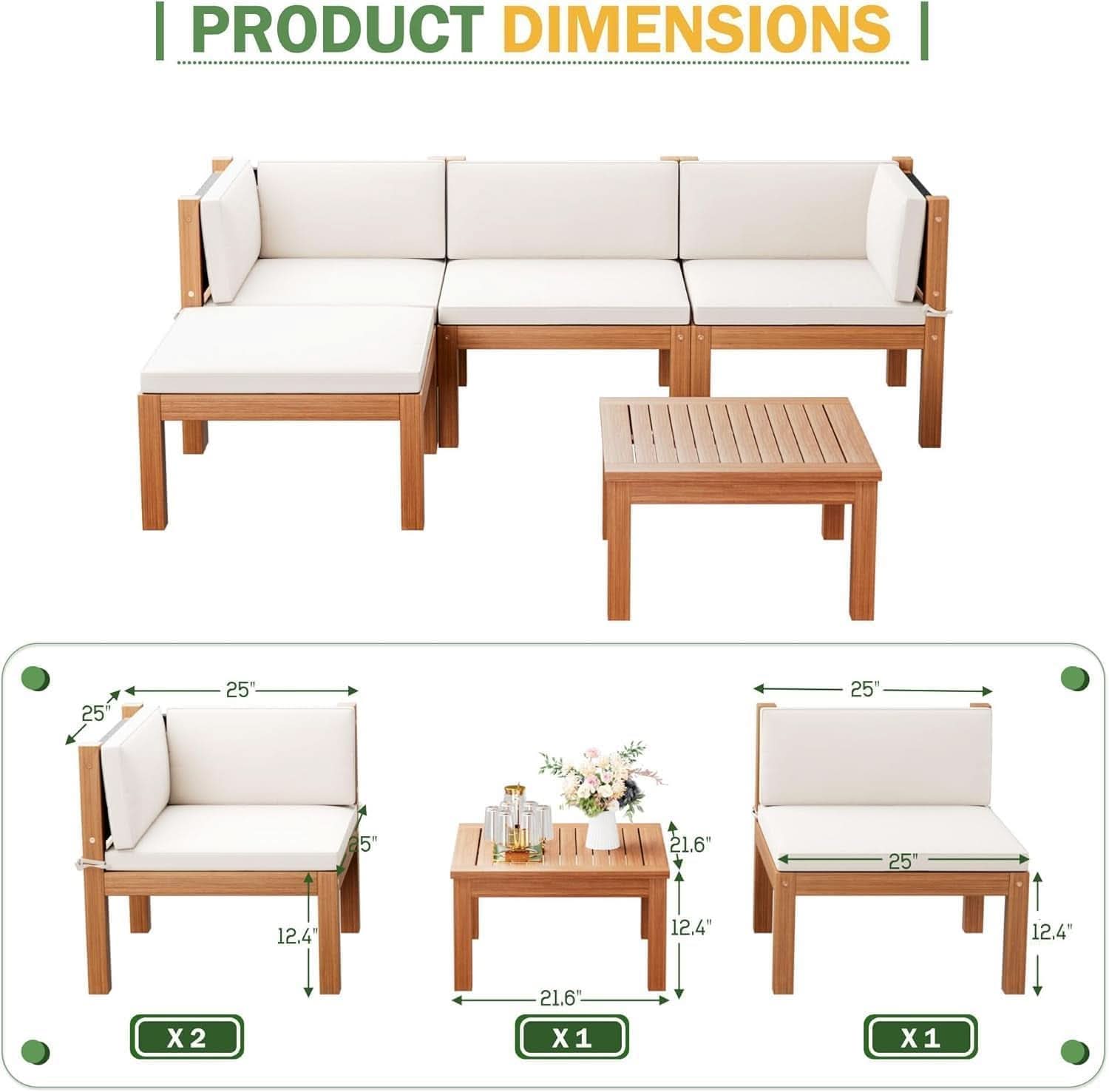 Minimalist Acacia Wood Outdoor Sectional Sofa Set with Beige Cushions
