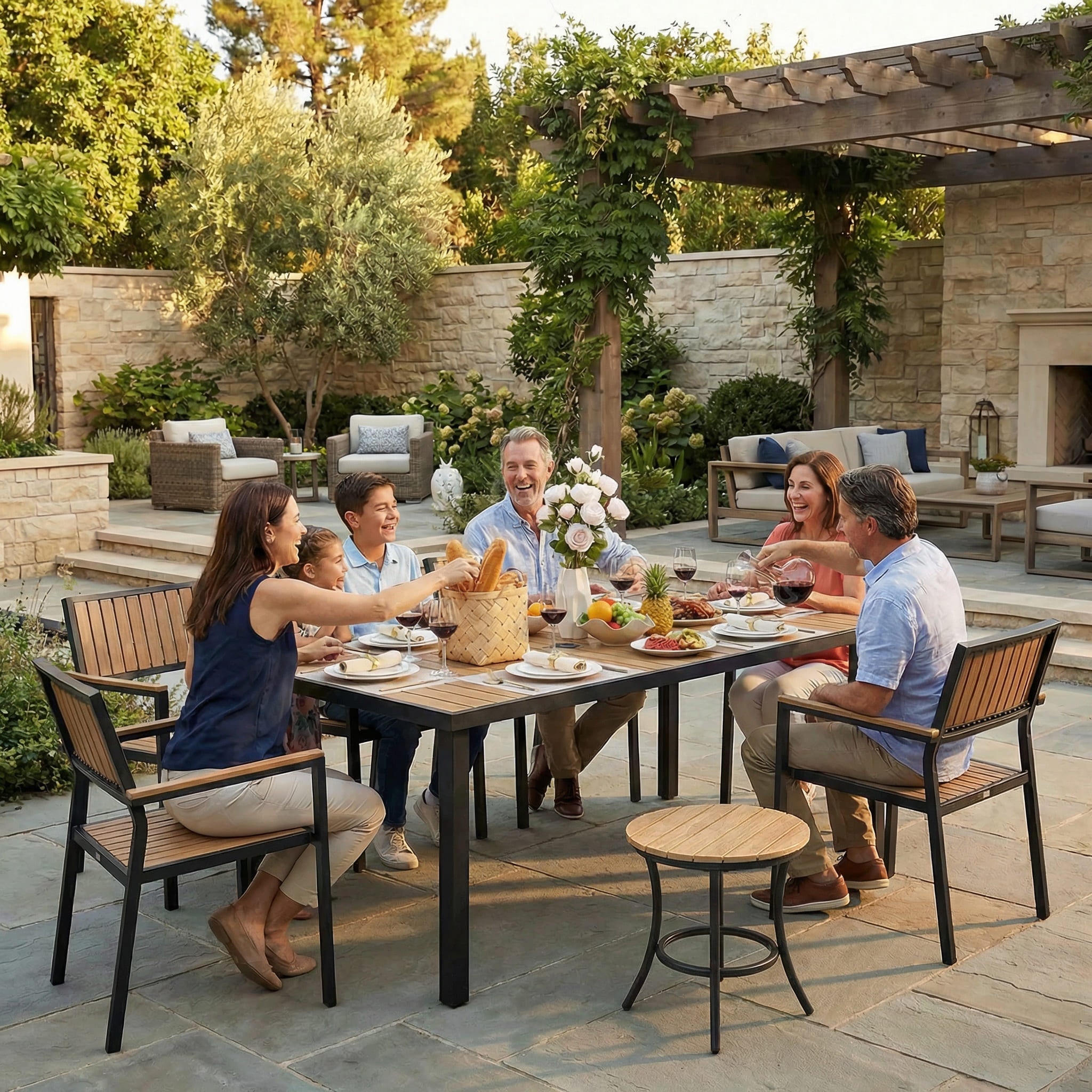 Aluminum and Wood Outdoor Dining Set - 4 Colors, 6-Pc or 8-Pc Set