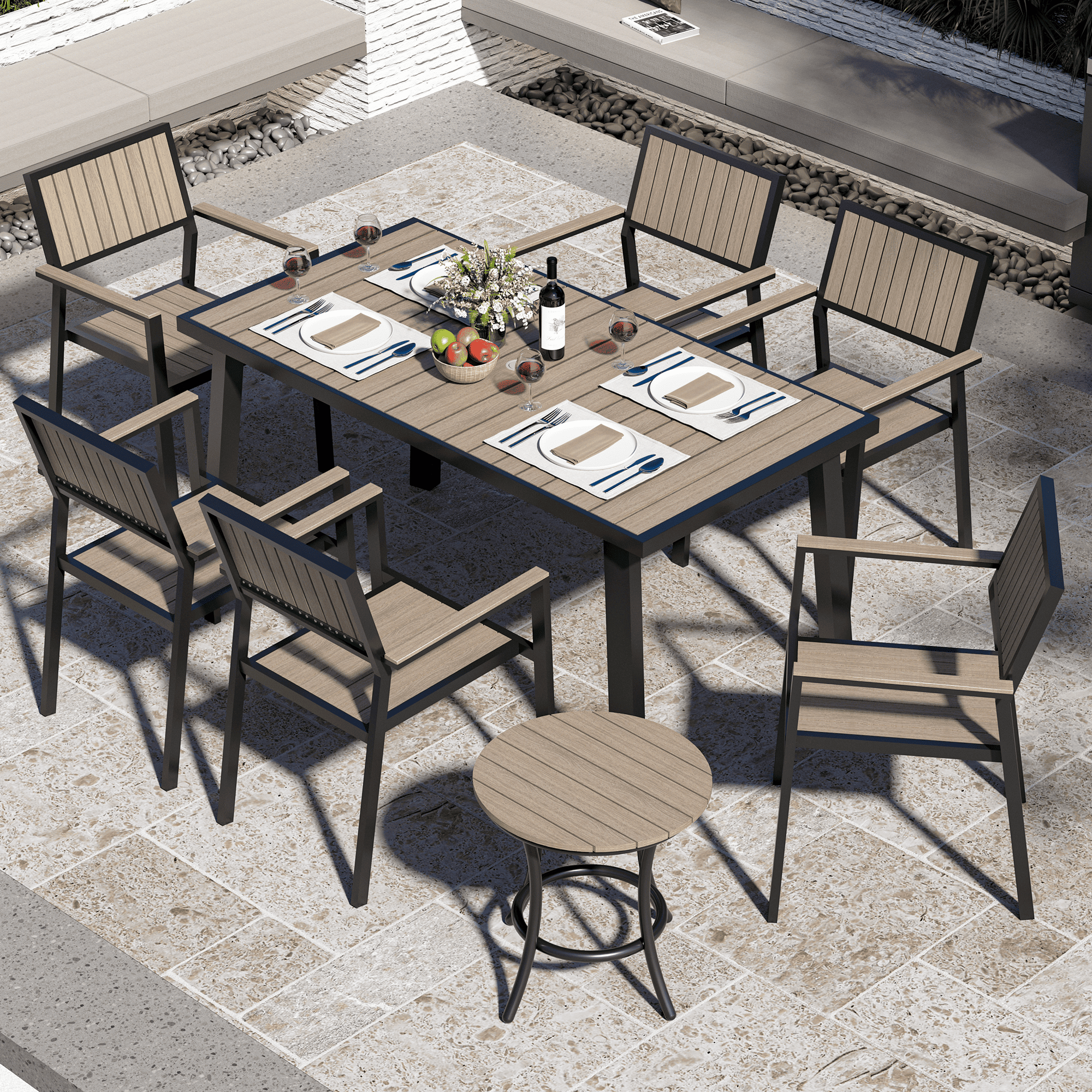 Aluminum and Wood Outdoor Dining Set - 4 Colors, 6-Pc or 8-Pc Set