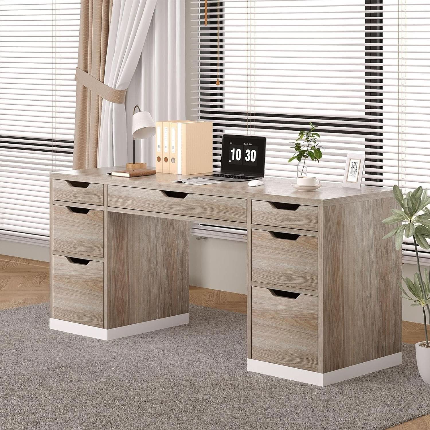 54 Inch Computer Desk With Storage Drawers - White Walnut