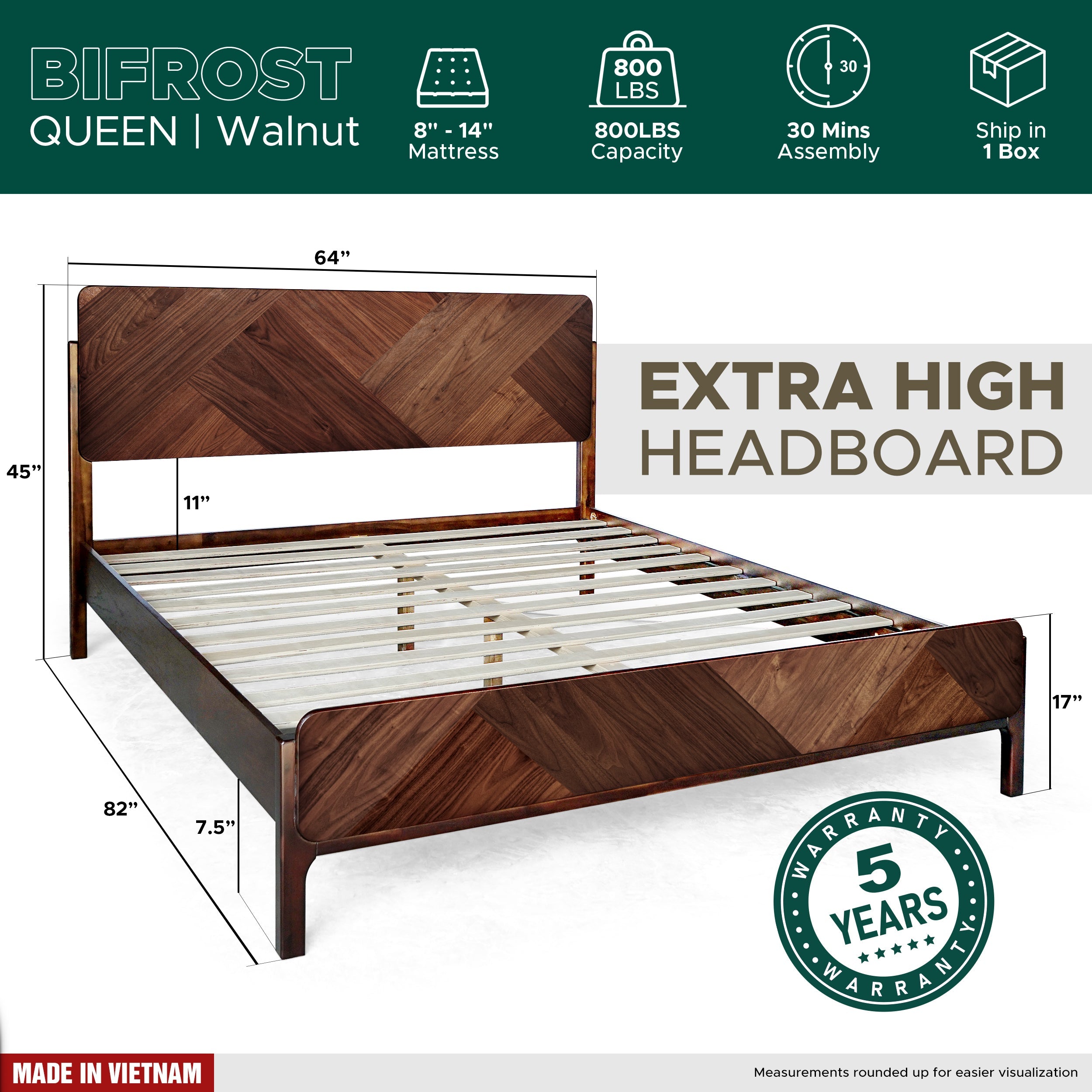 Bifrost Platform Bed Frame With Headboard in Caramel or Walnut Finish