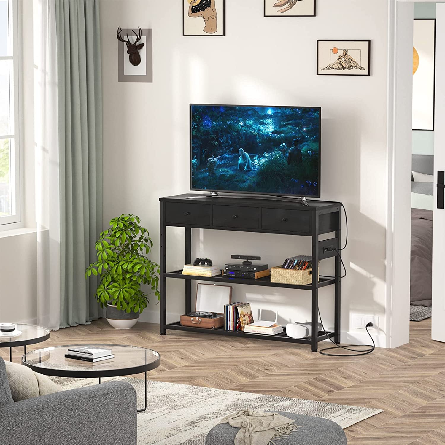 Black Console Table With USB Ports And Outlets