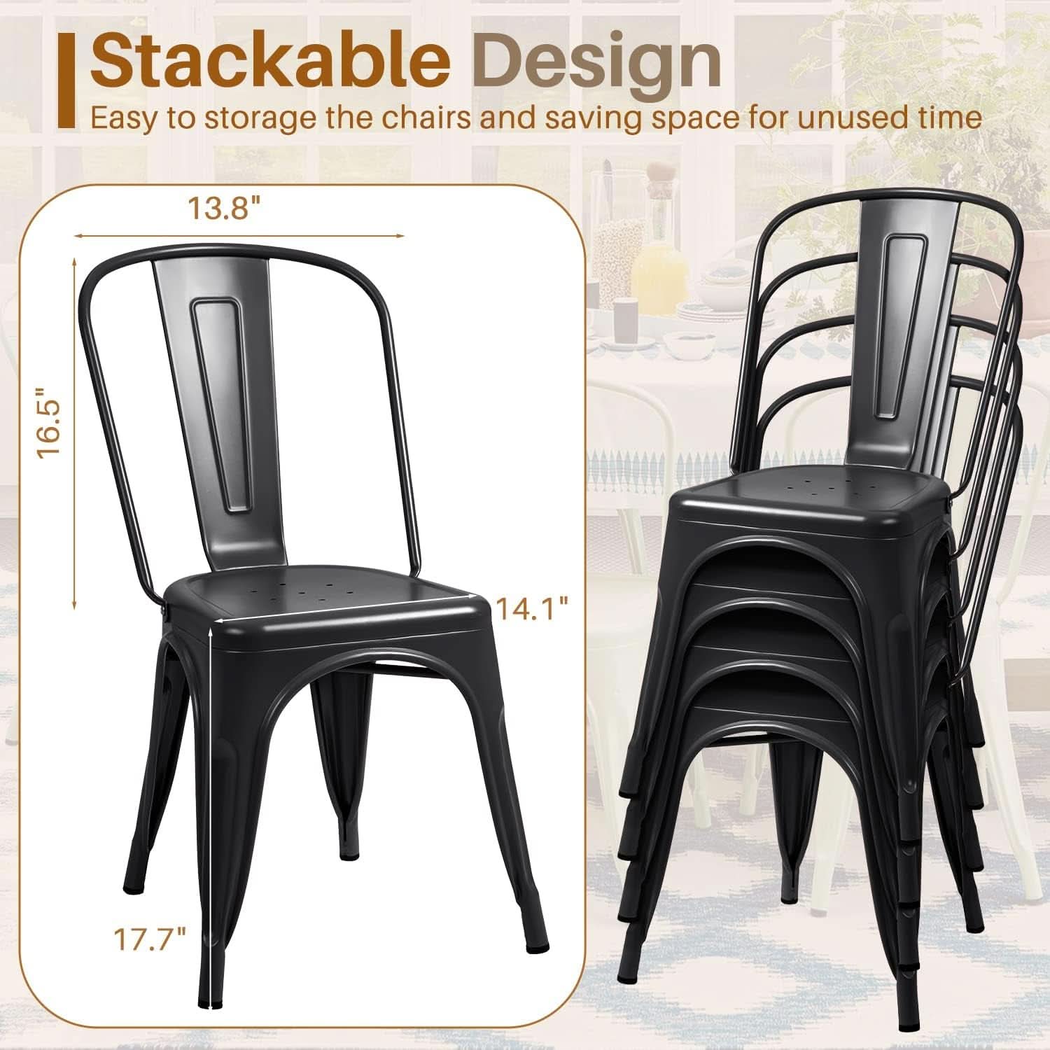 Set Of 4 Stackable Indoor/Outdoor Metal Dining Chairs - Black