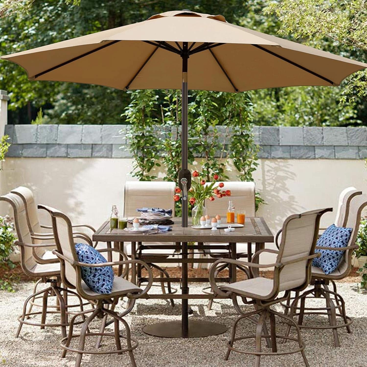 9 Foot Outdoor Patio Umbrella With Push Button Tilt in Light Tan