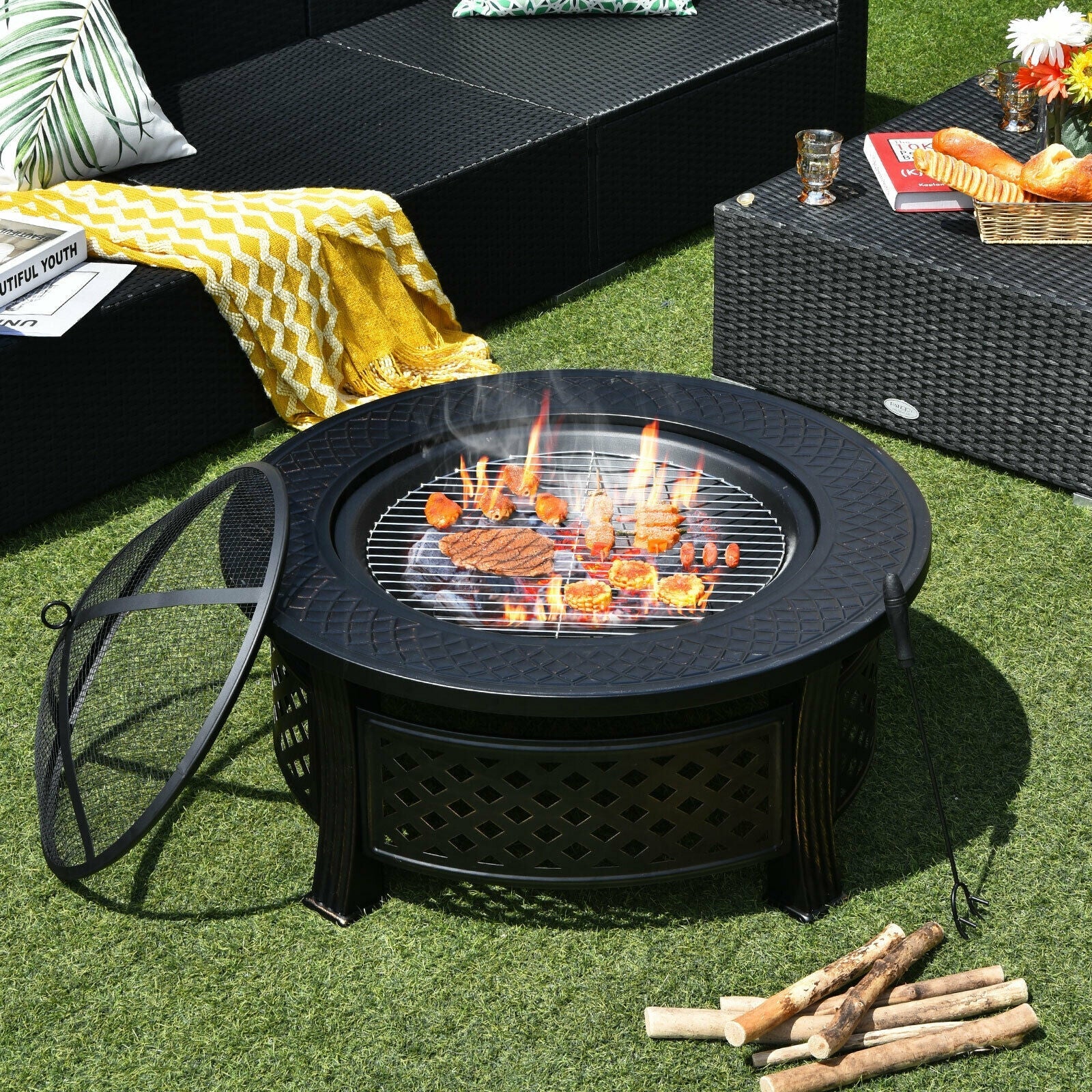 Outdoor Fire Pit with BBQ Grill and High-Temp Resistance Finish