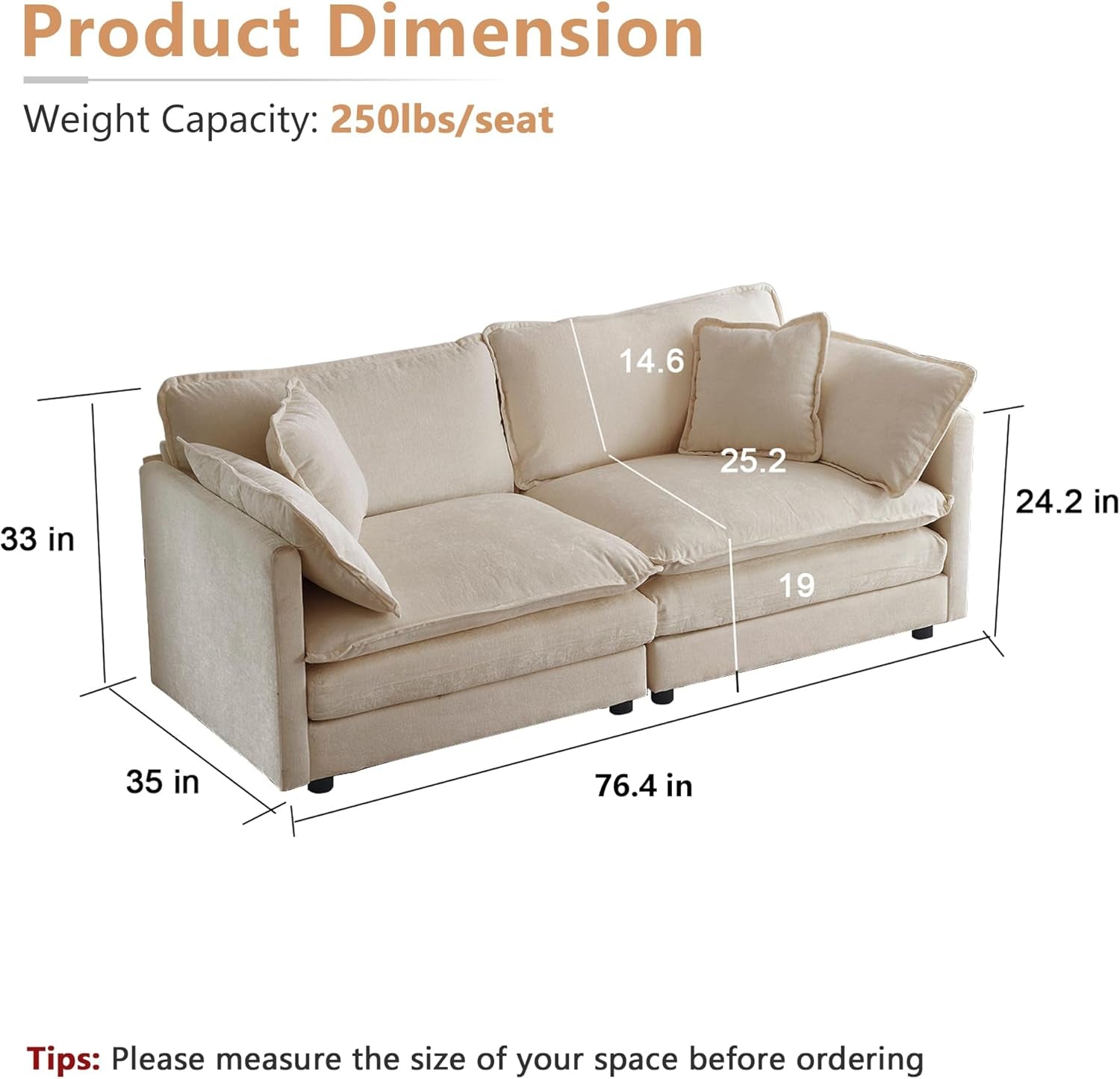 Chenille 76 Inch Loveseat Sofa - Beige