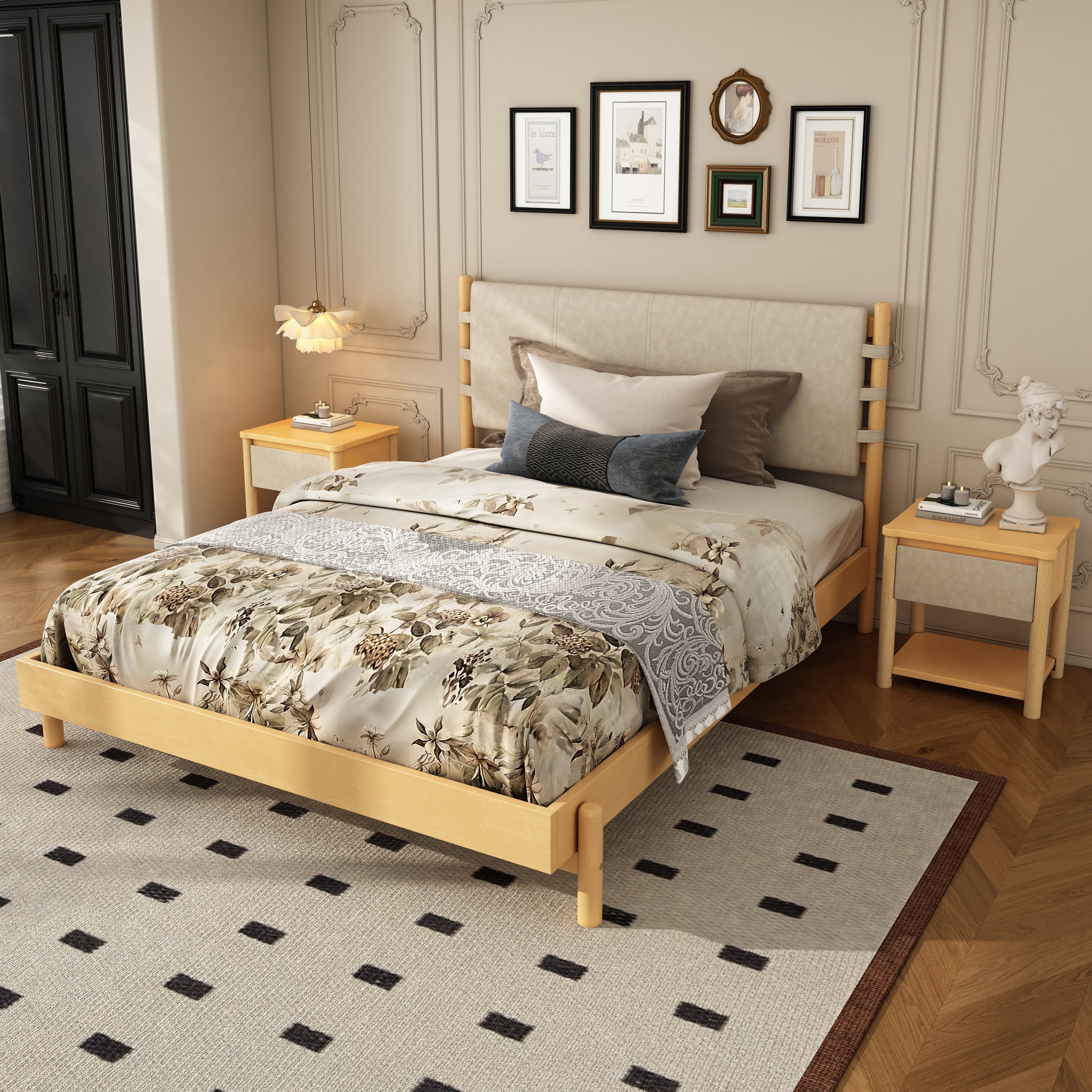 Modern Queen Bed Frame Set with 2 Nightstands - Beige Wood