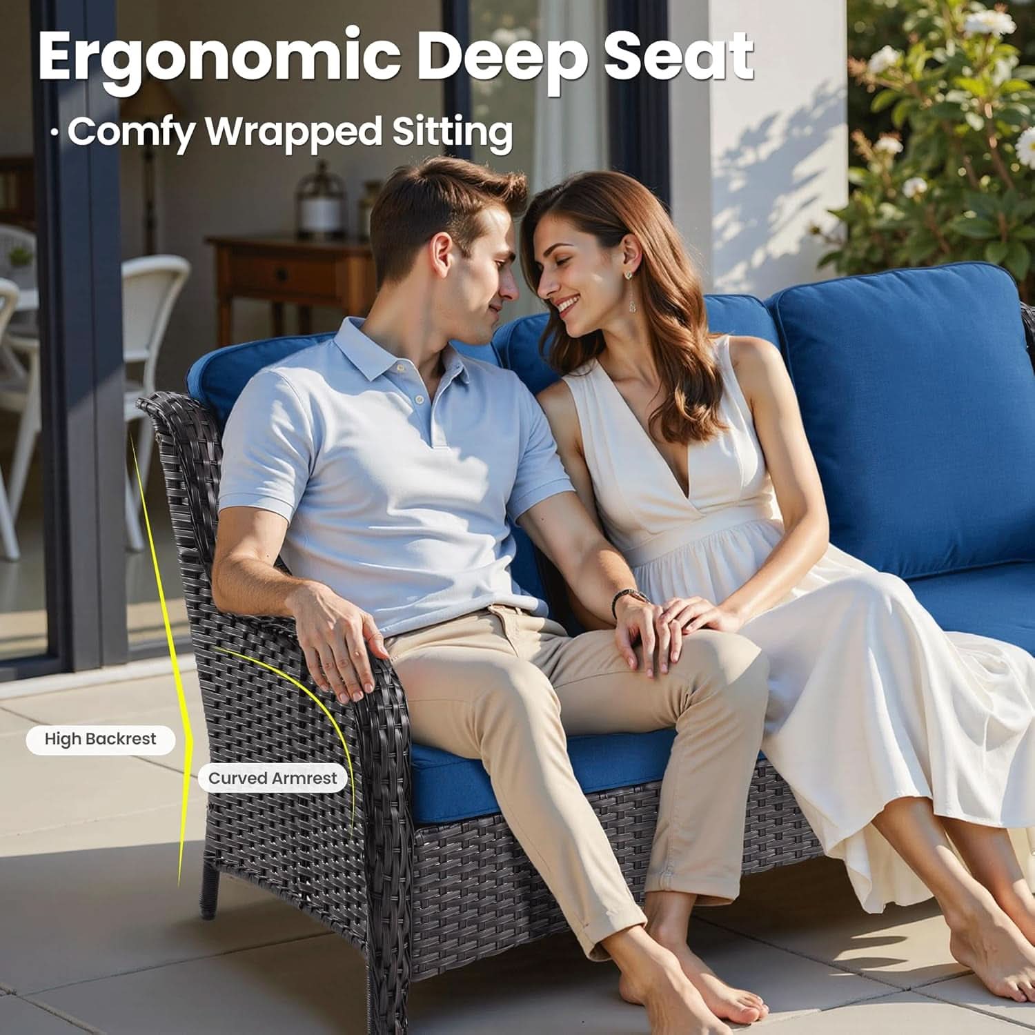 Five Piece Outdoor Wicker Patio Set With Cushions - Blue