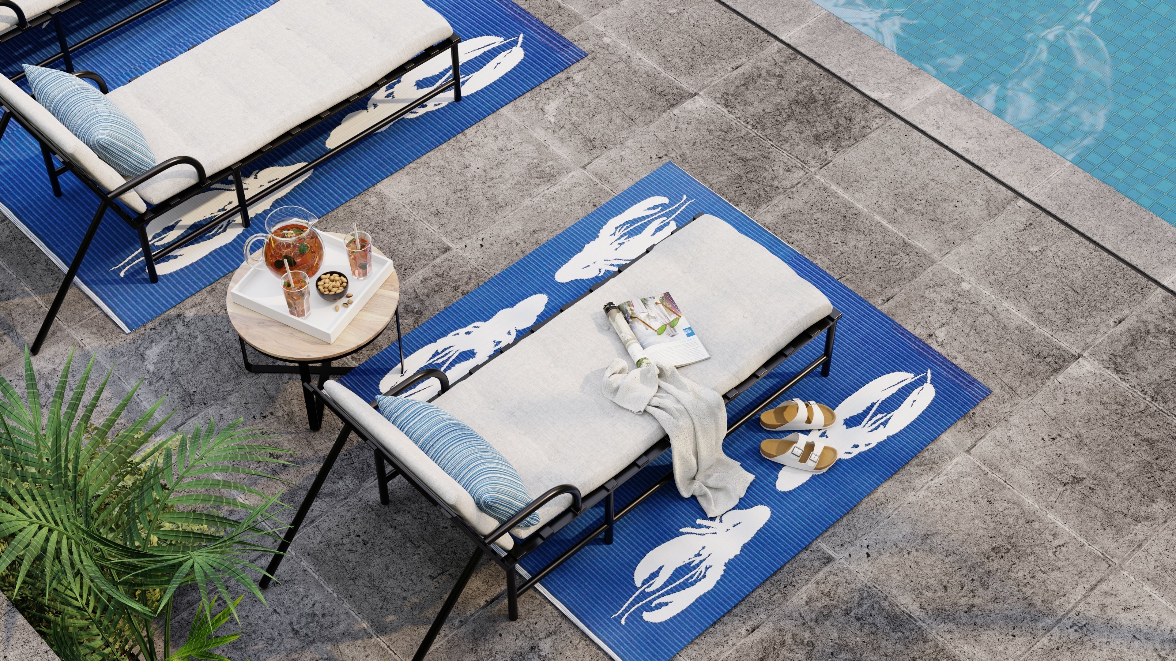 Four Lobster Blue & White Outdoor Mat