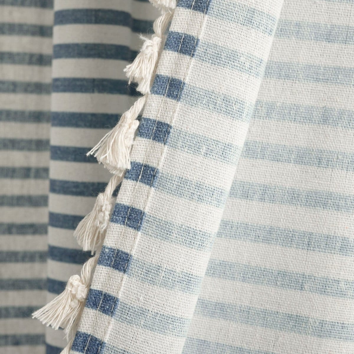 Boho-Coastal Horizontal Ticking Stripe Tassel Window Curtain Panel Sets