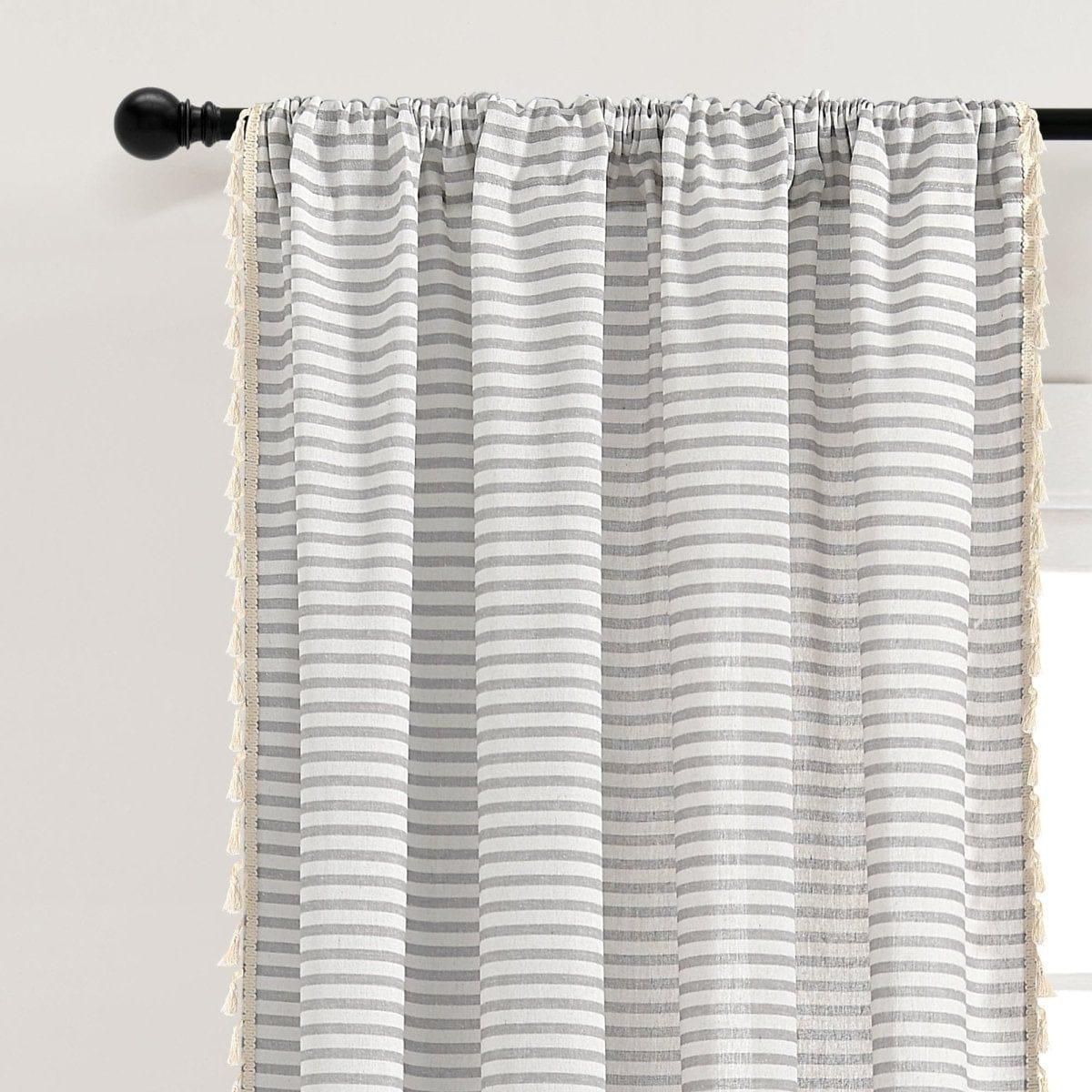 Boho-Coastal Horizontal Ticking Stripe Tassel Window Curtain Panel Sets