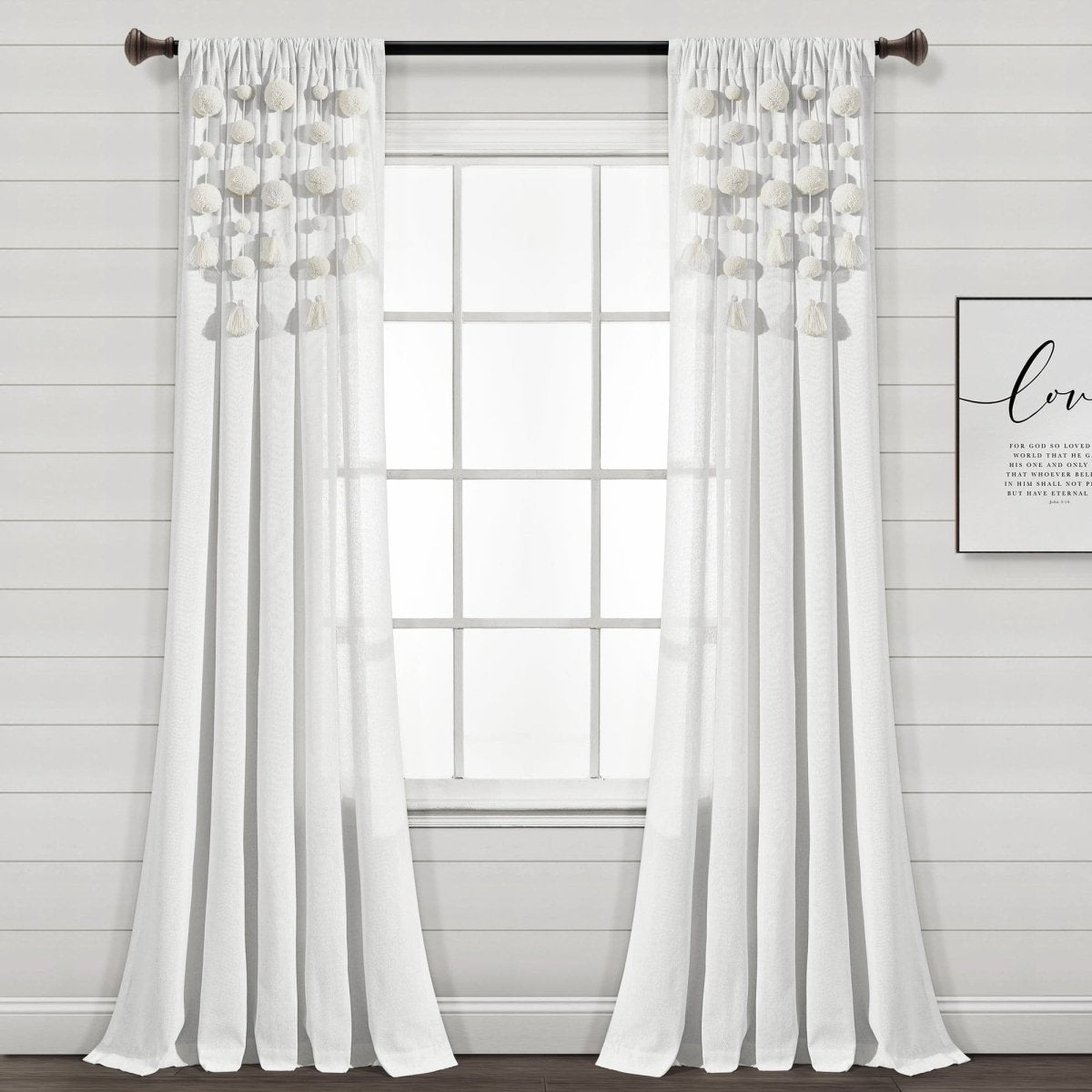 Boho Pom Pom Tassel Faux Linen Window Curtain Panels