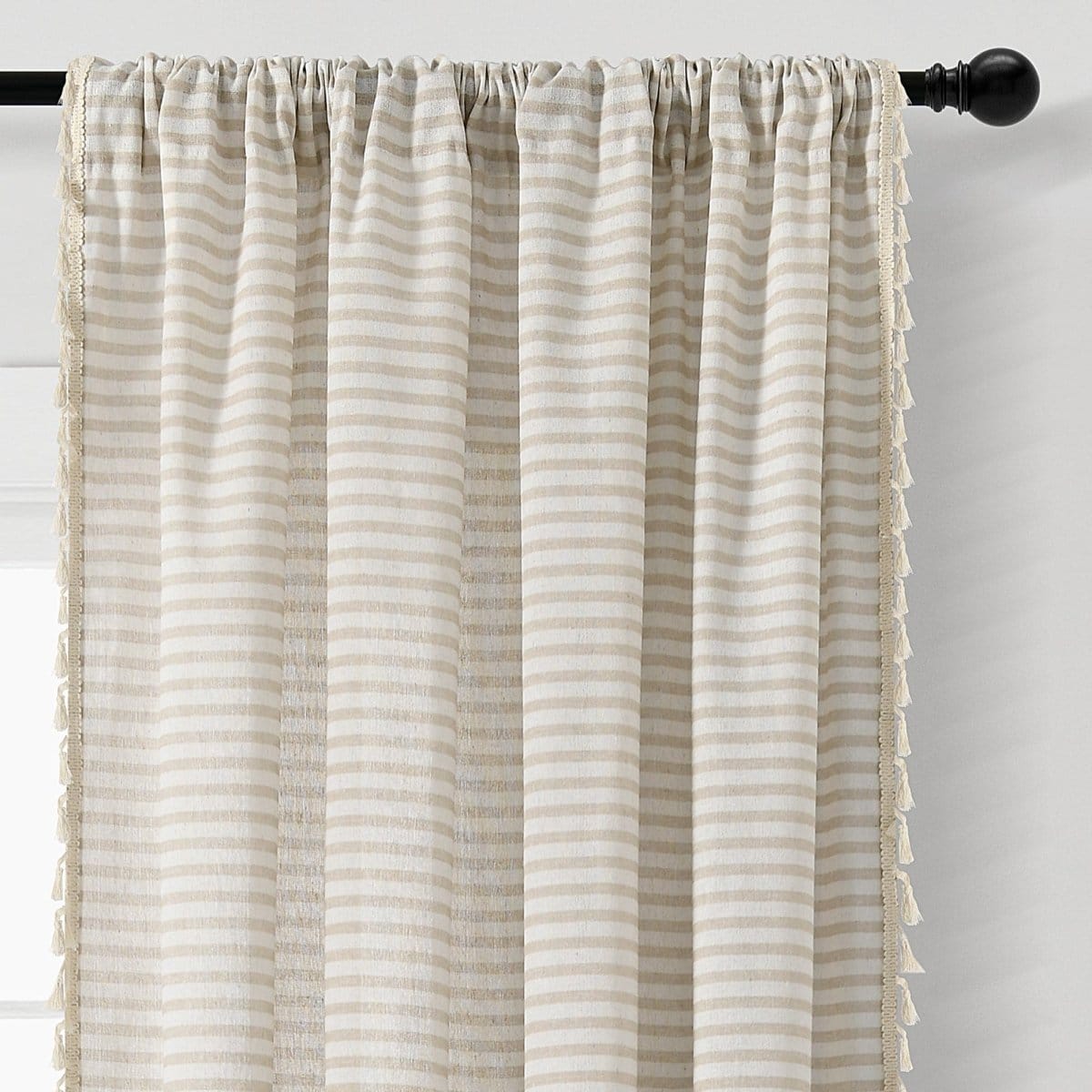 Boho-Coastal Horizontal Ticking Stripe Tassel Window Curtain Panel Sets