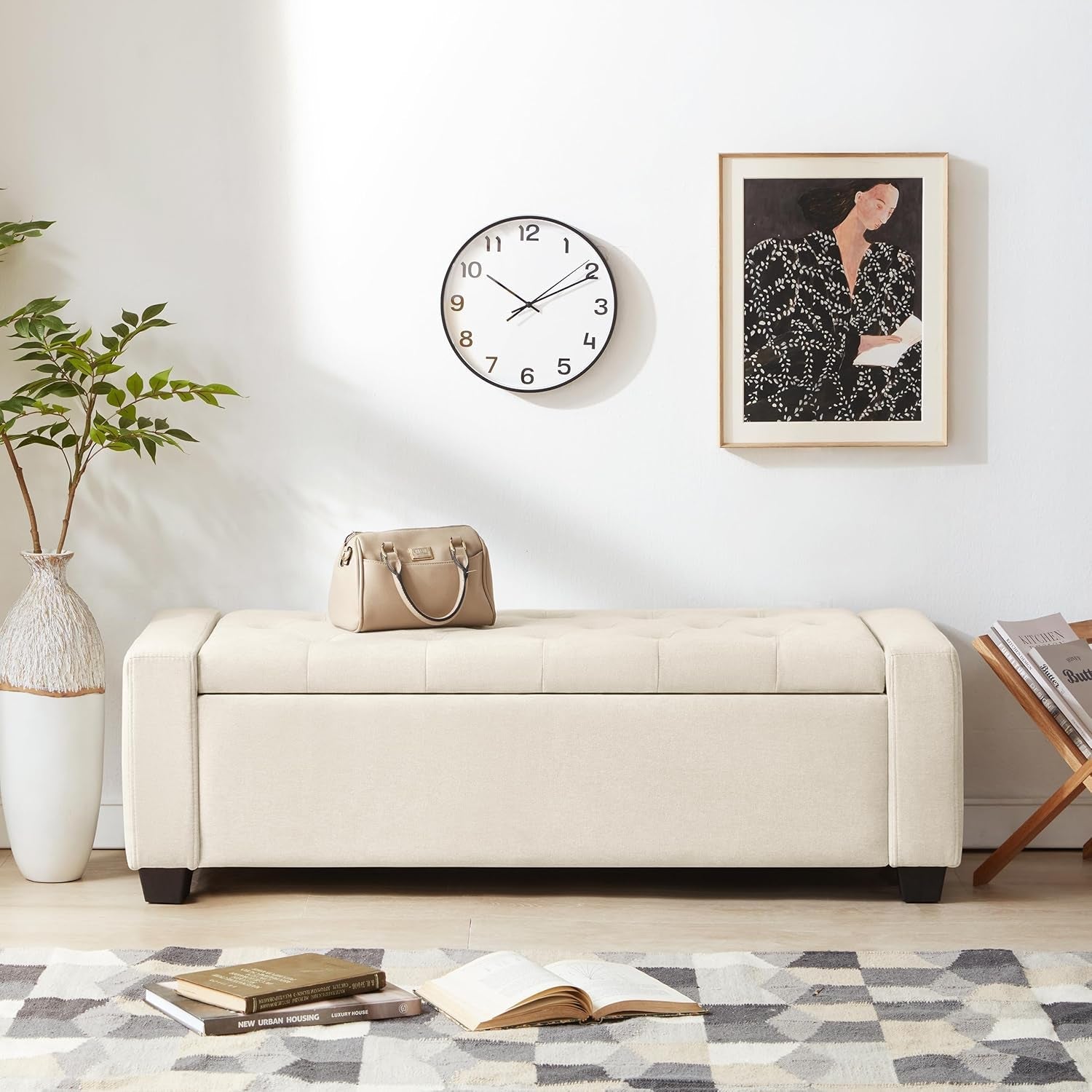 48 Inch Upholstered Storage Bench in Cream