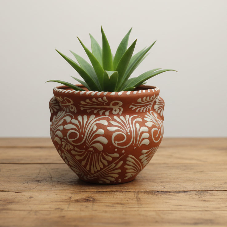 Handmade Talavera Flower Pot | Terracotta & White Design