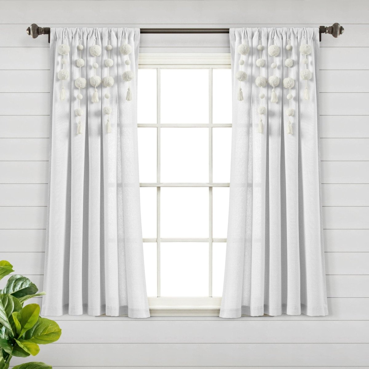 Boho Pom Pom Tassel Faux Linen Window Curtain Panels