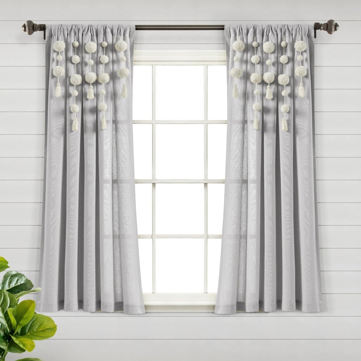 Boho Pom Pom Tassel Faux Linen Window Curtain Panels