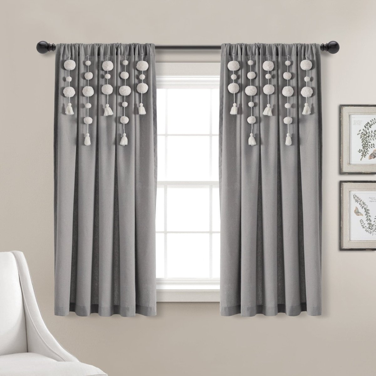 Boho Pom Pom Tassel Faux Linen Window Curtain Panels