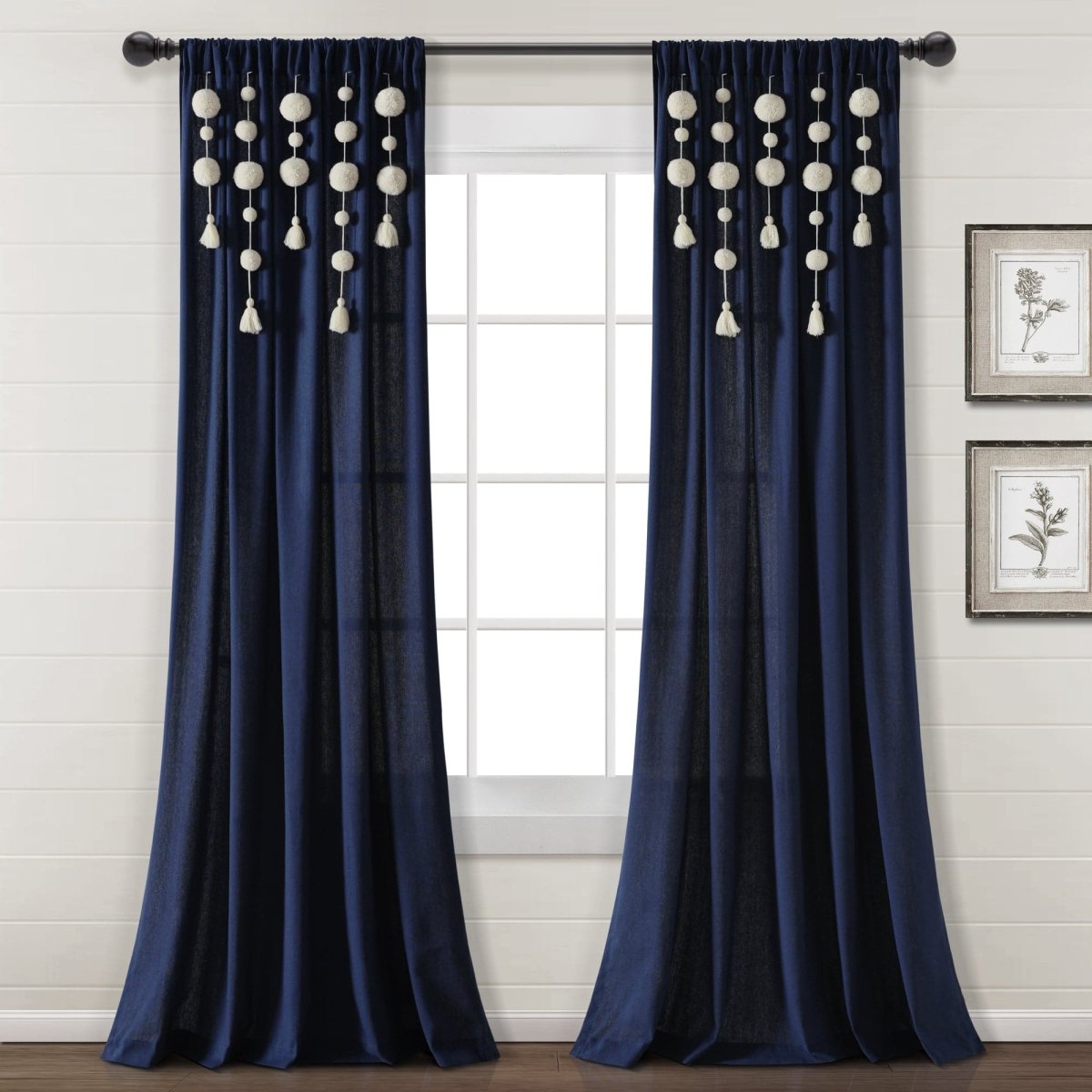 Boho Pom Pom Tassel Faux Linen Window Curtain Panels