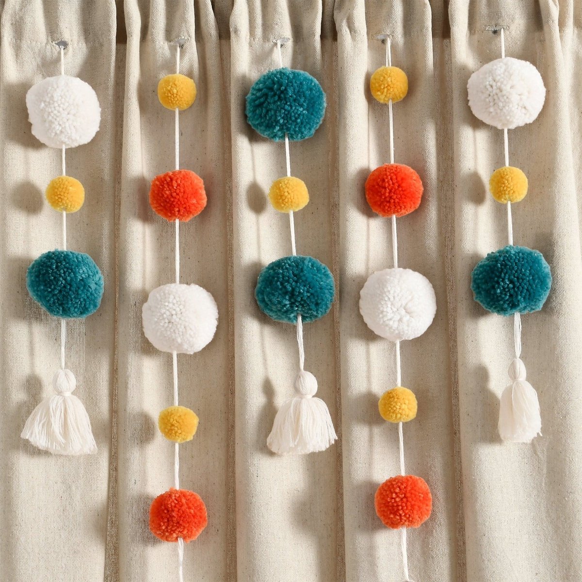 Boho Pom Pom Tassel Faux Linen Window Curtain Panels