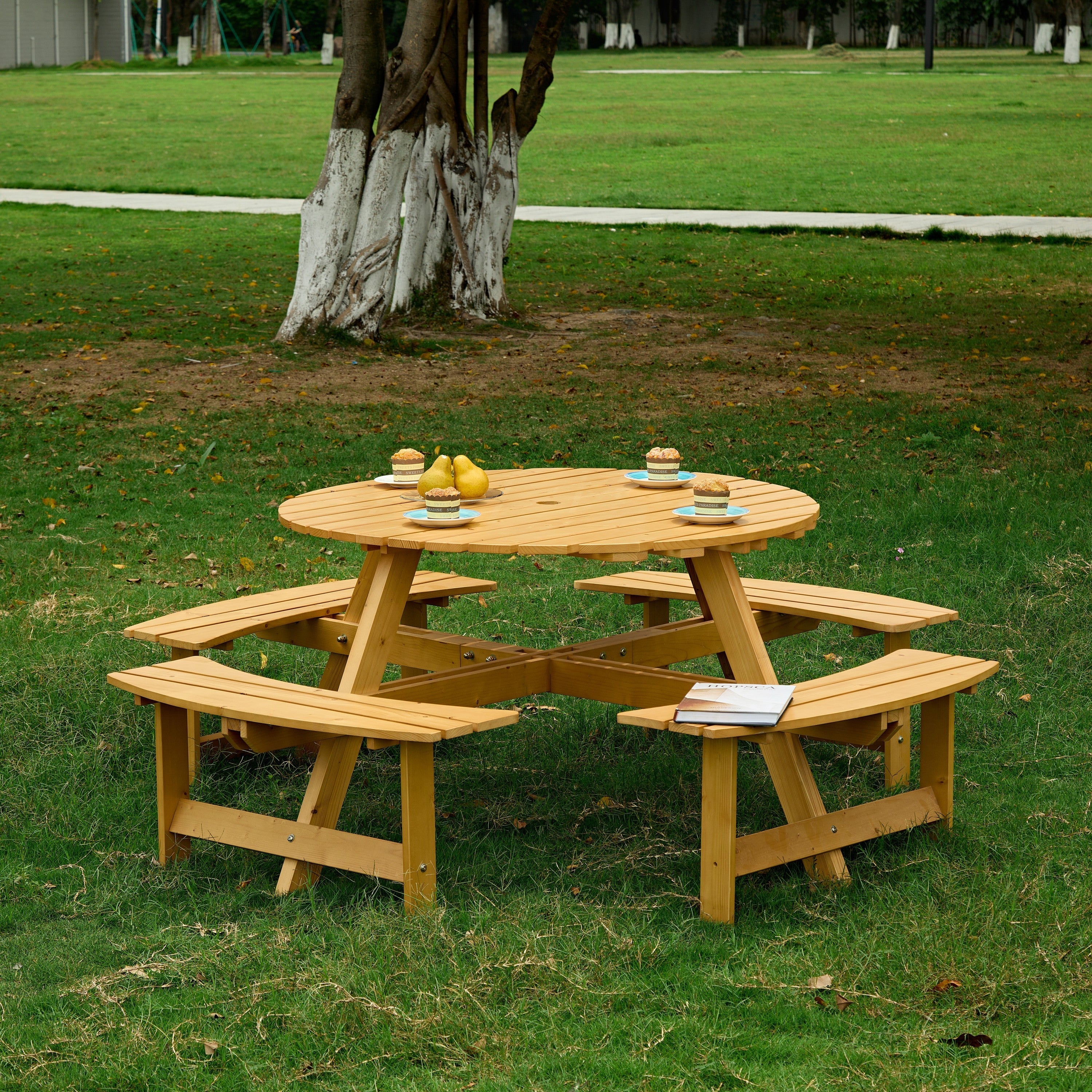 8-Person Round Picnic Table with 4 Built-in Benches - Natural Finish