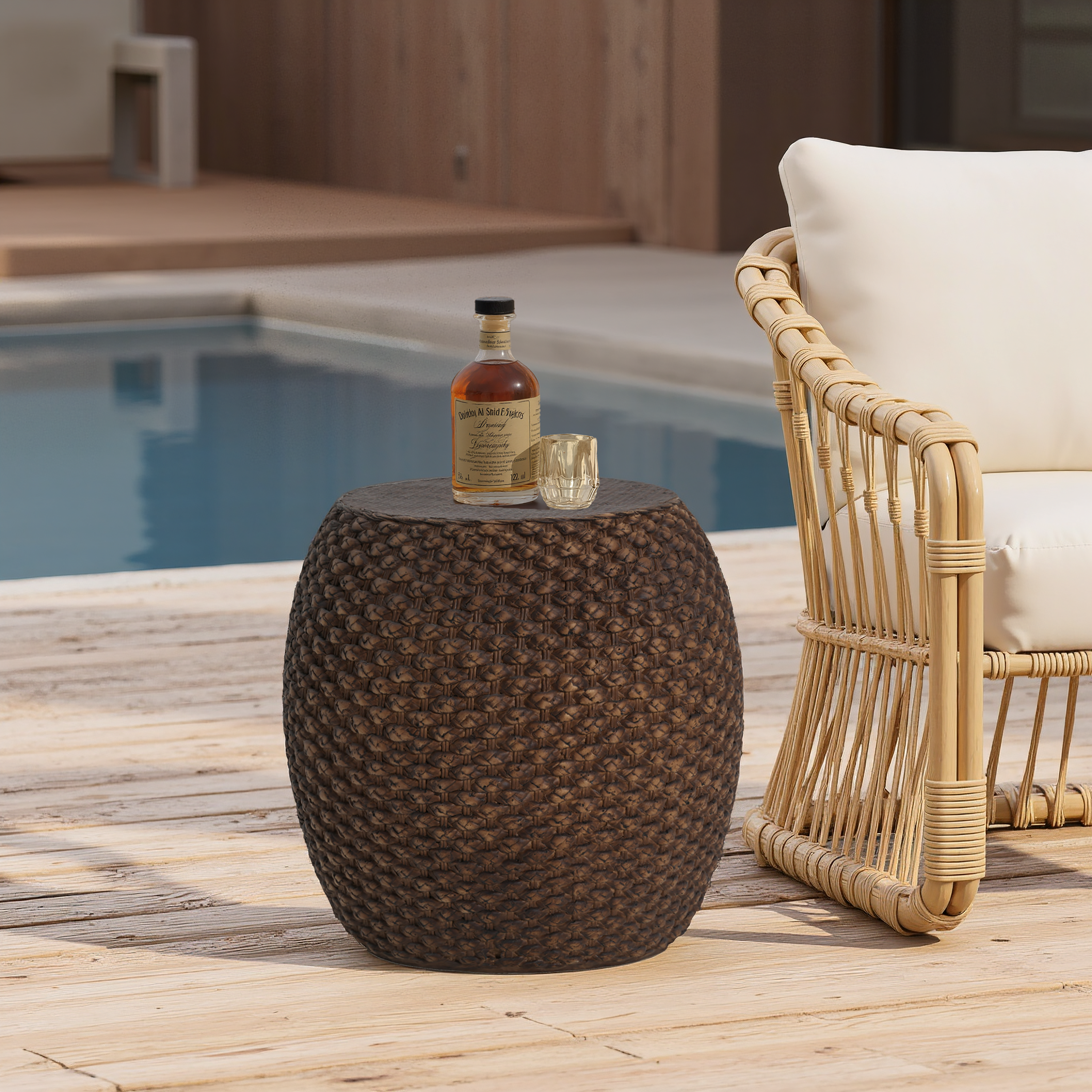 Faux Rattan Indoor/Outdoor Side Table - Brown