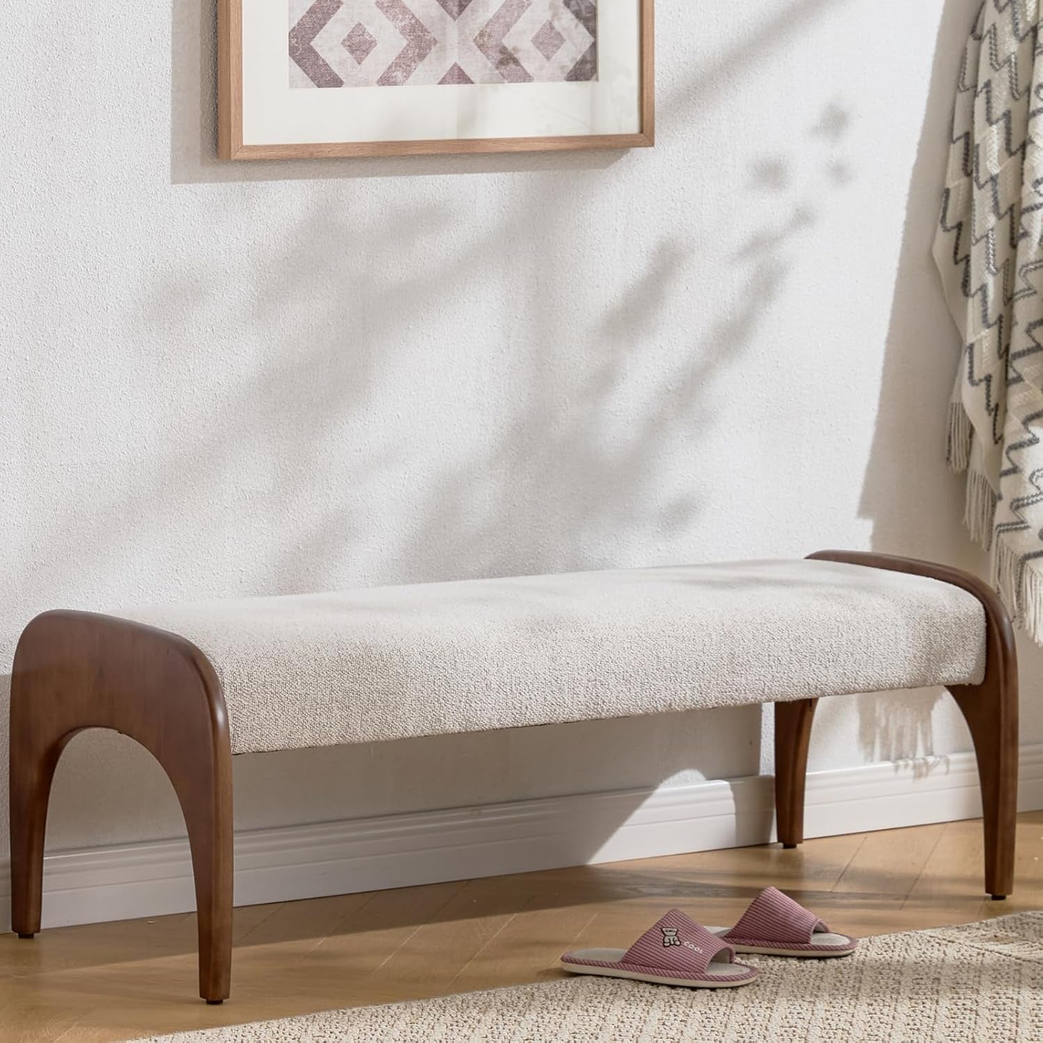 51-Inch Ottoman Bench With Beige Sherpa Upholstery