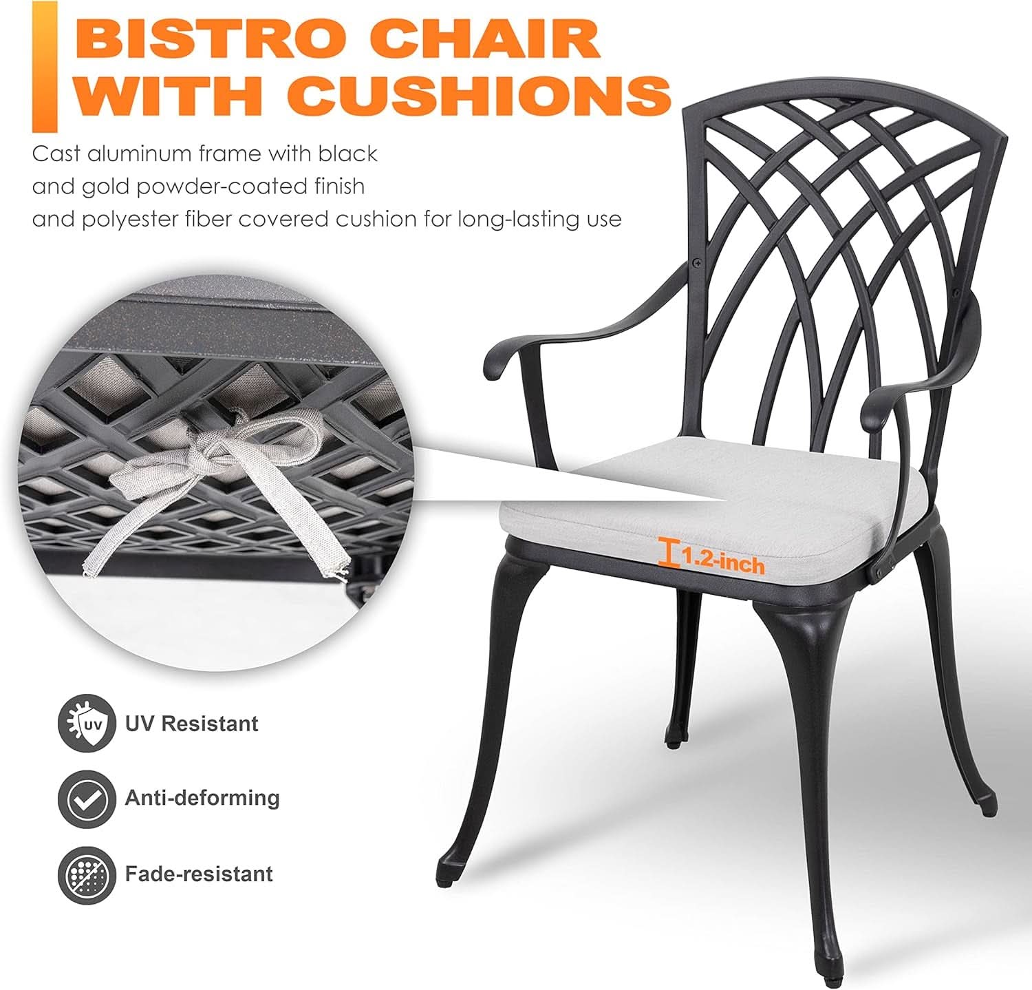 3 Piece Outdoor Cast Aluminum Bistro Set - Black with Gray Cushions