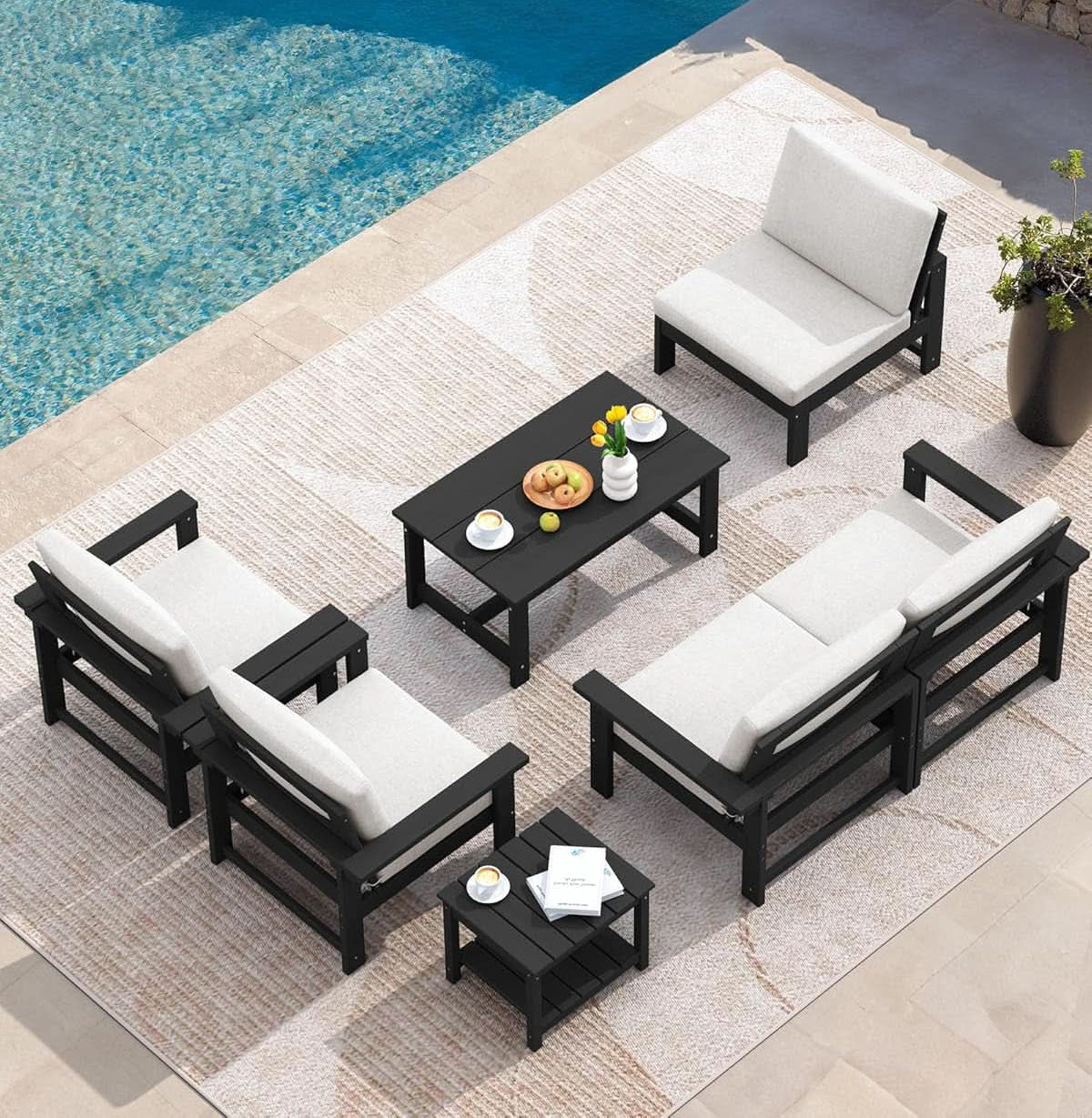 HDPE 7 Piece Outdoor Patio Furniture Set - Black/White