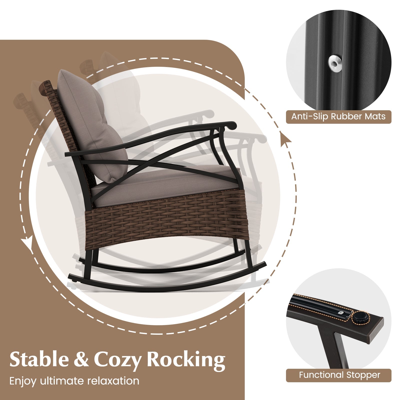 3 Piece Outdoor Rattan Rocking Chair Set with Gray Cushions
