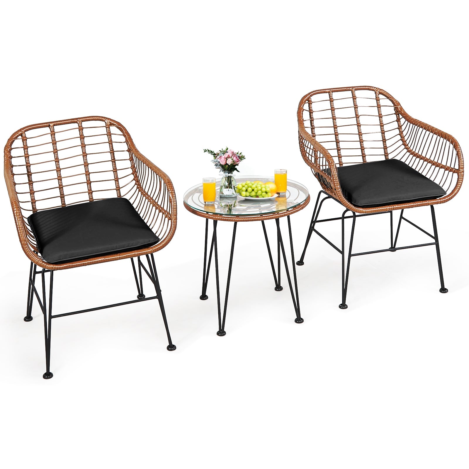 3 Pc Rattan Bistro Set with Black Cushions