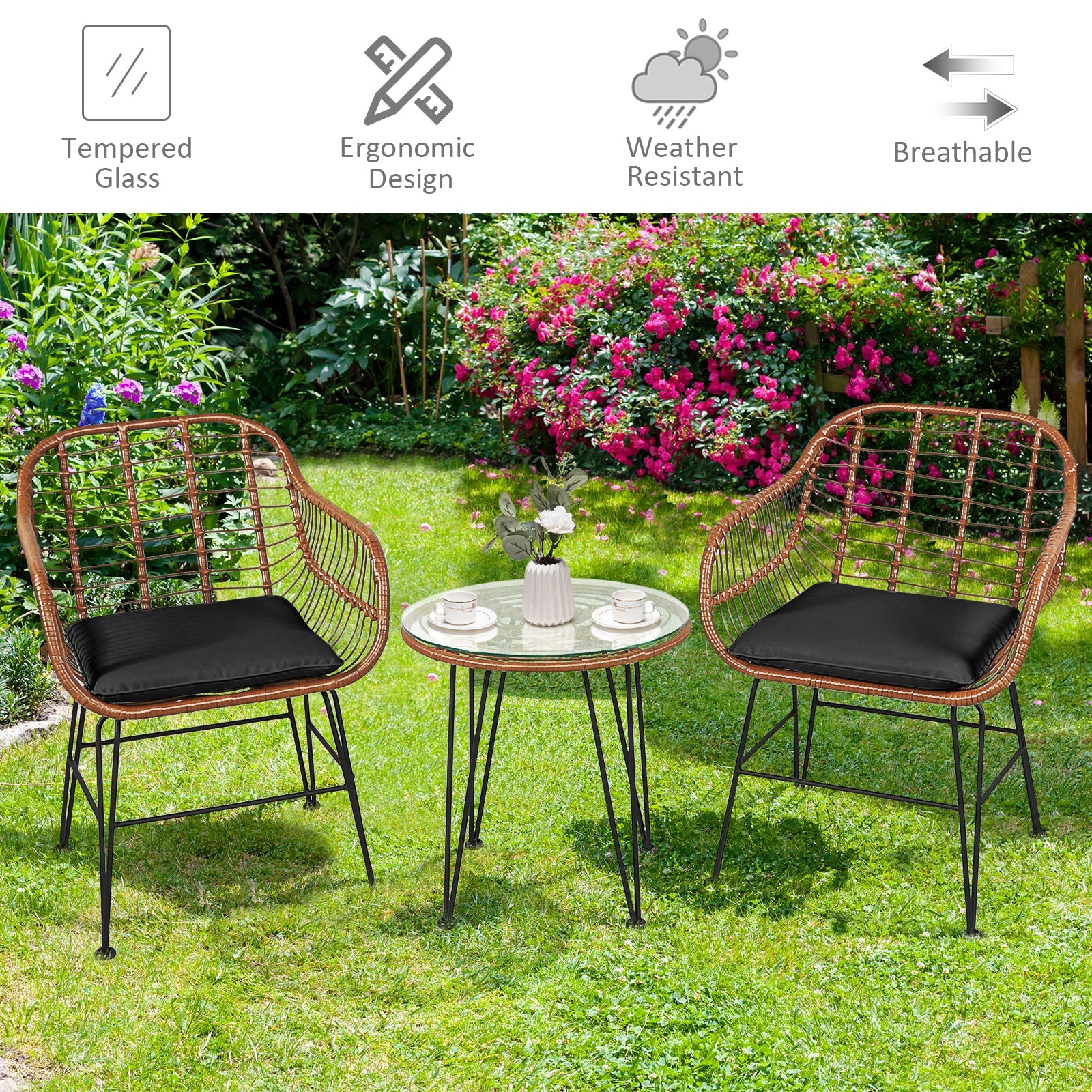 3 Pc Rattan Bistro Set with Black Cushions