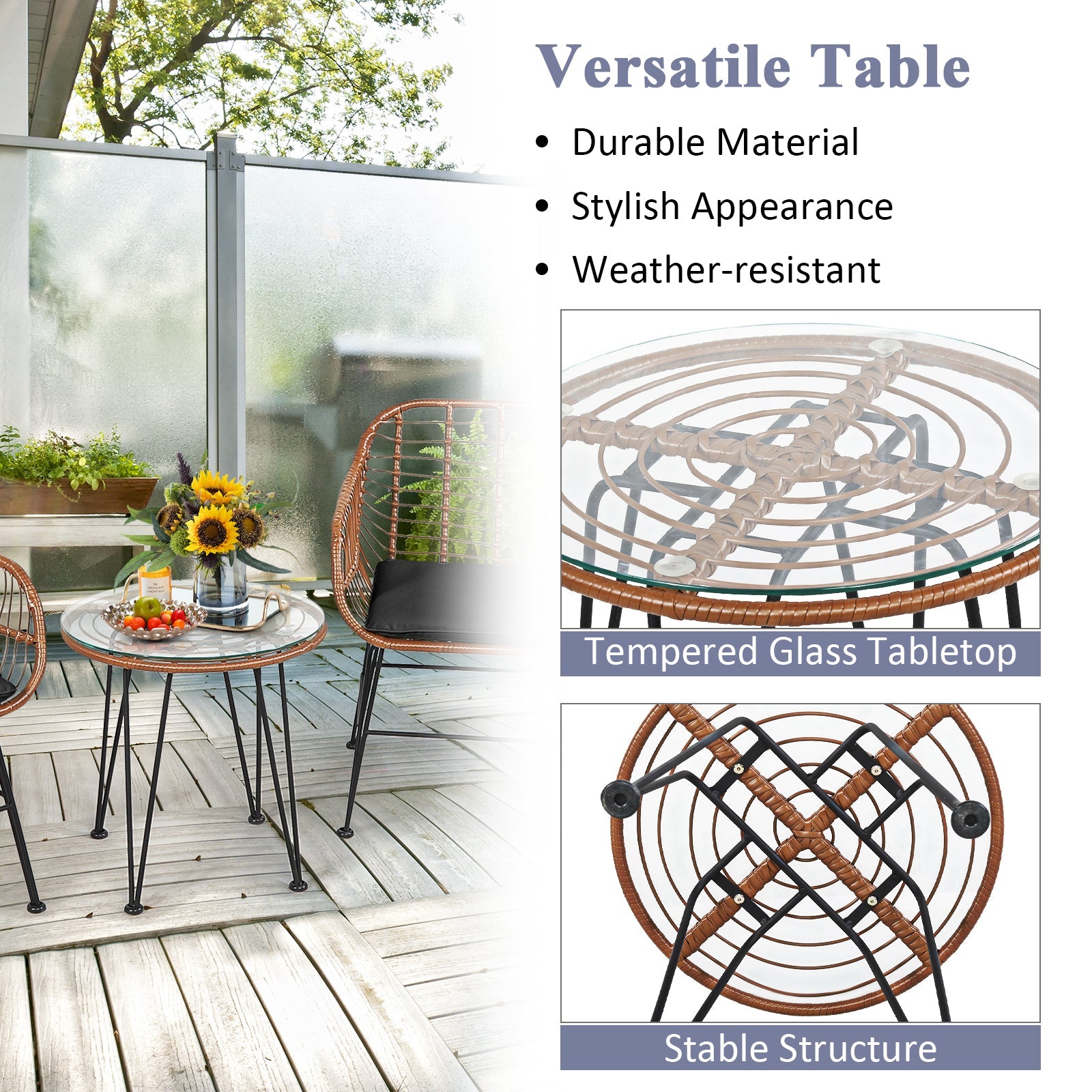 3 Pc Rattan Bistro Set with Black Cushions