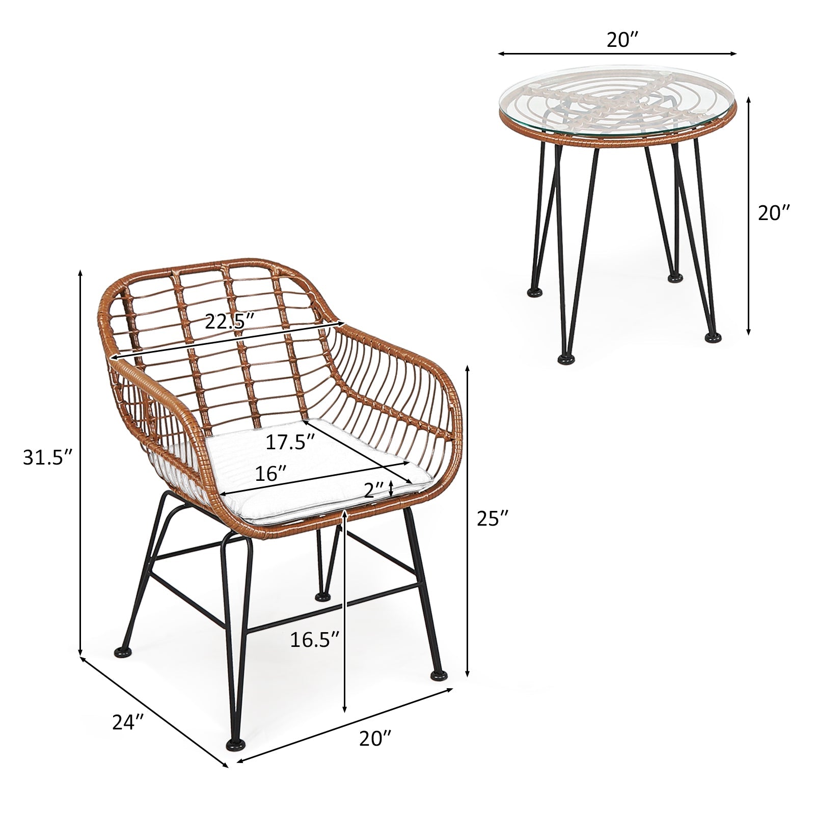 3 Pc Rattan Bistro Set with Black Cushions