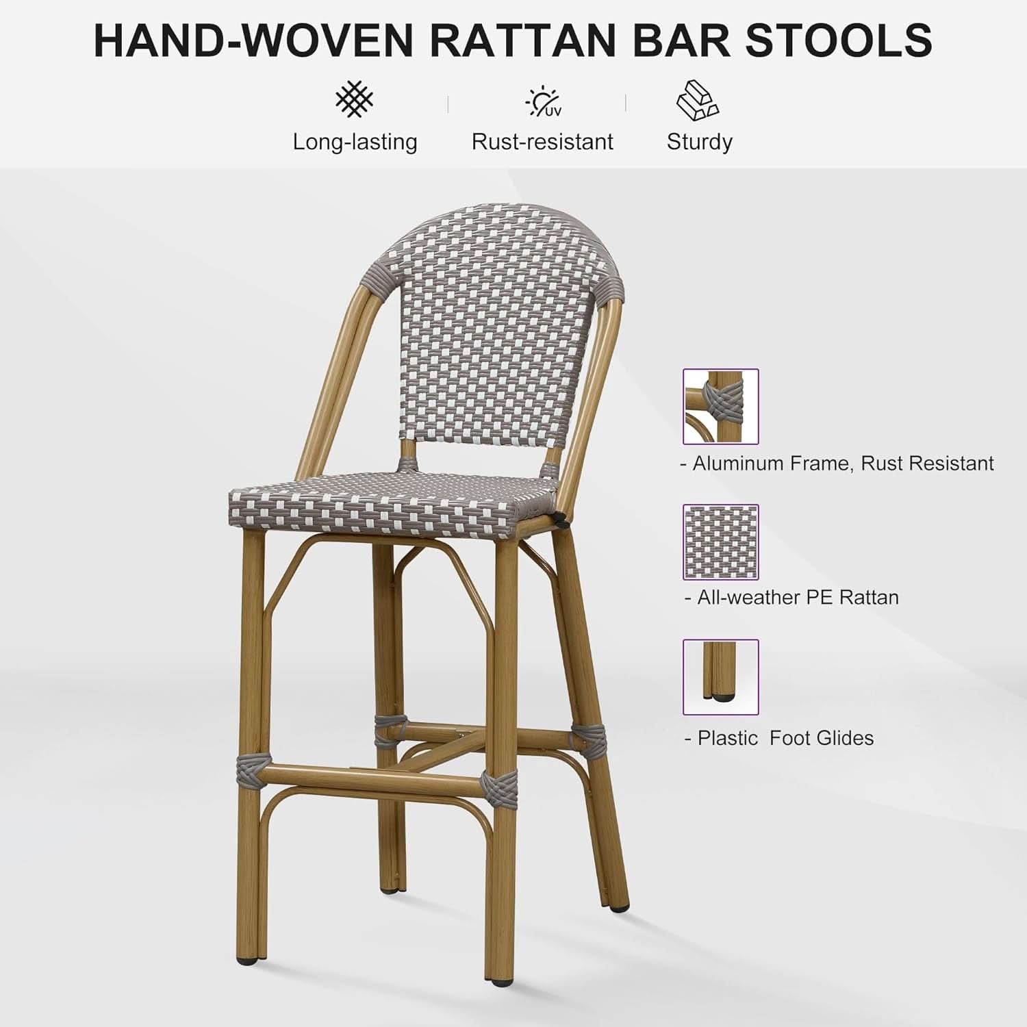 French Style Indoor/Outdoor Rattan Bar Stools - 2 Piece Set, Gray