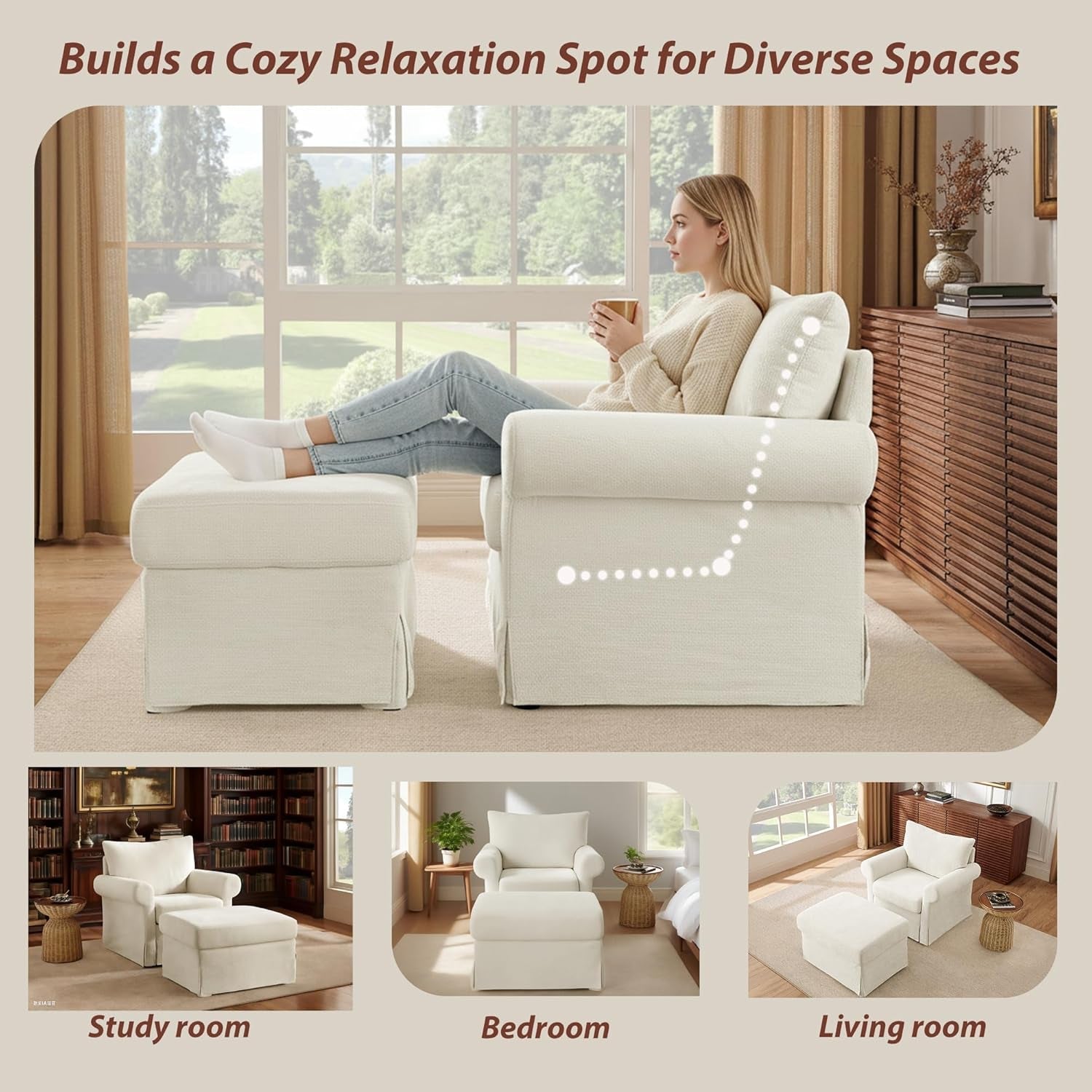 Beige Chenille Contemporary Chair & Ottoman - 2 Pc Set