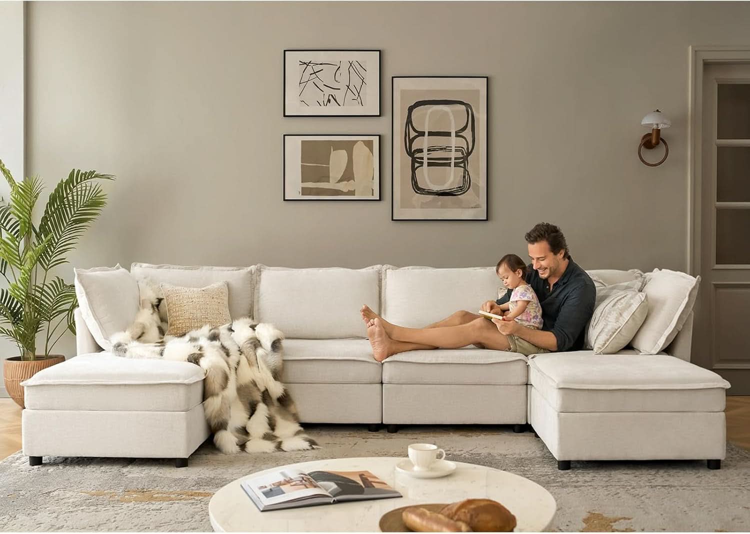 Oversized Modular Cloud Sectional Sofa w/ Storage Ottoman - Beige
