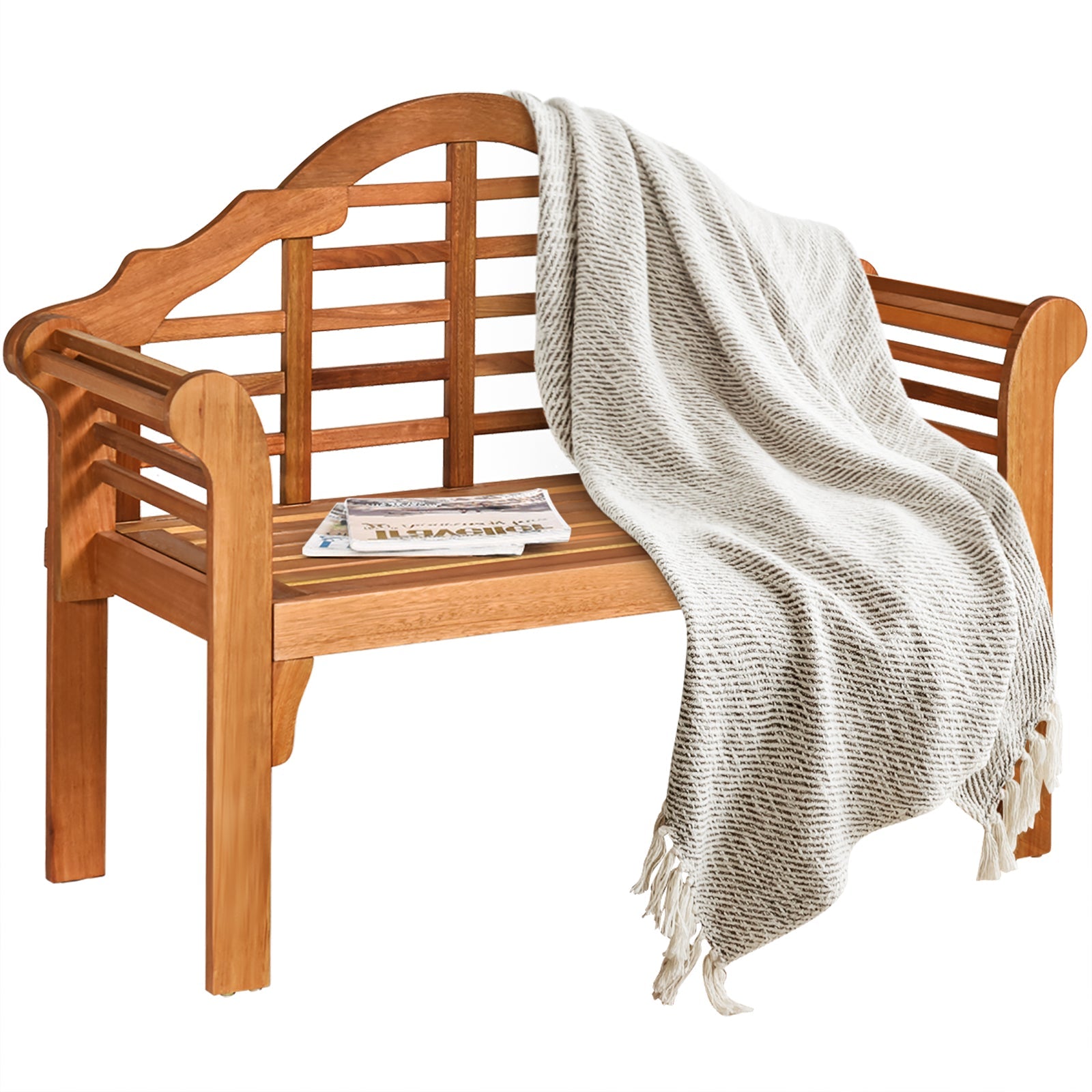 49 Inch Eucalyptus Wood Outdoor Folding Bench with Backrest and Armrests