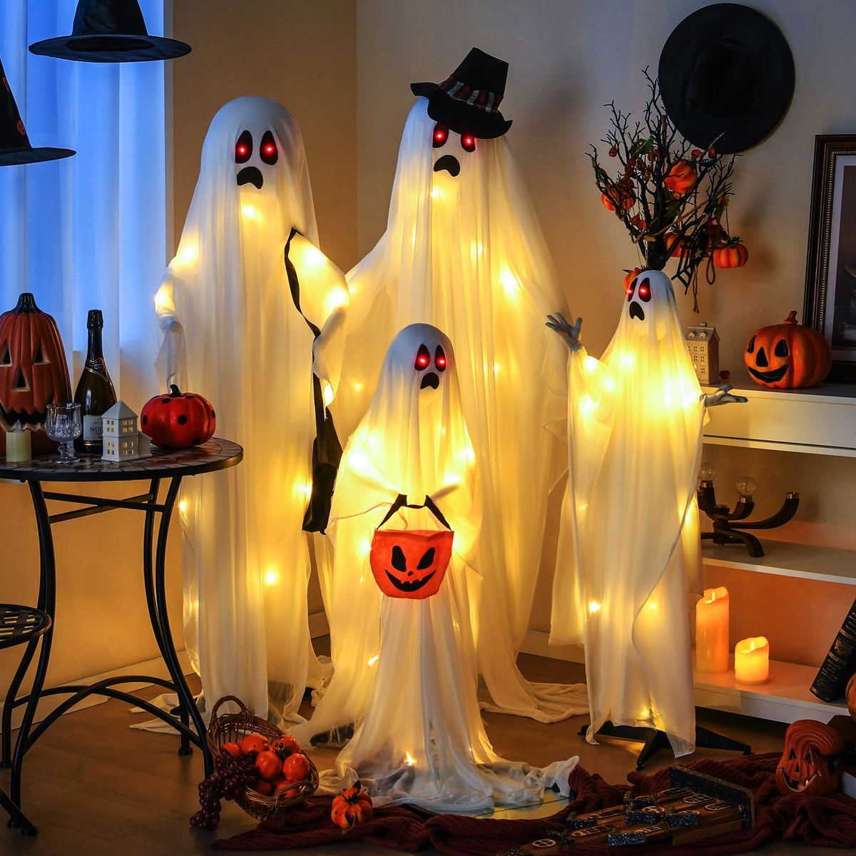 4 Piece LED Ghost Family with Red and Warm White Lights