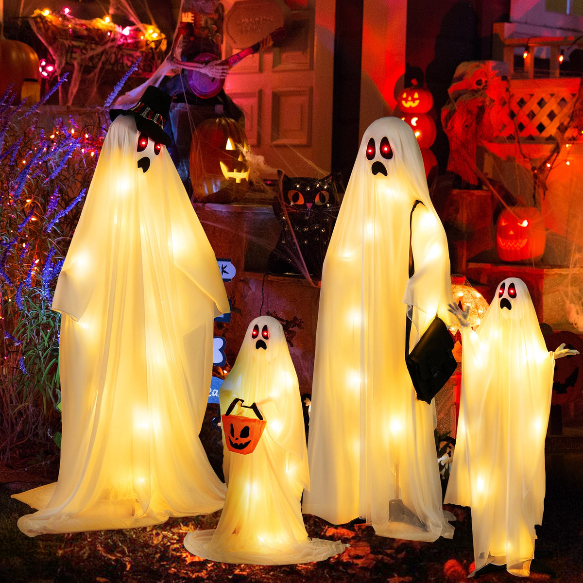 4 Piece LED Ghost Family with Red and Warm White Lights