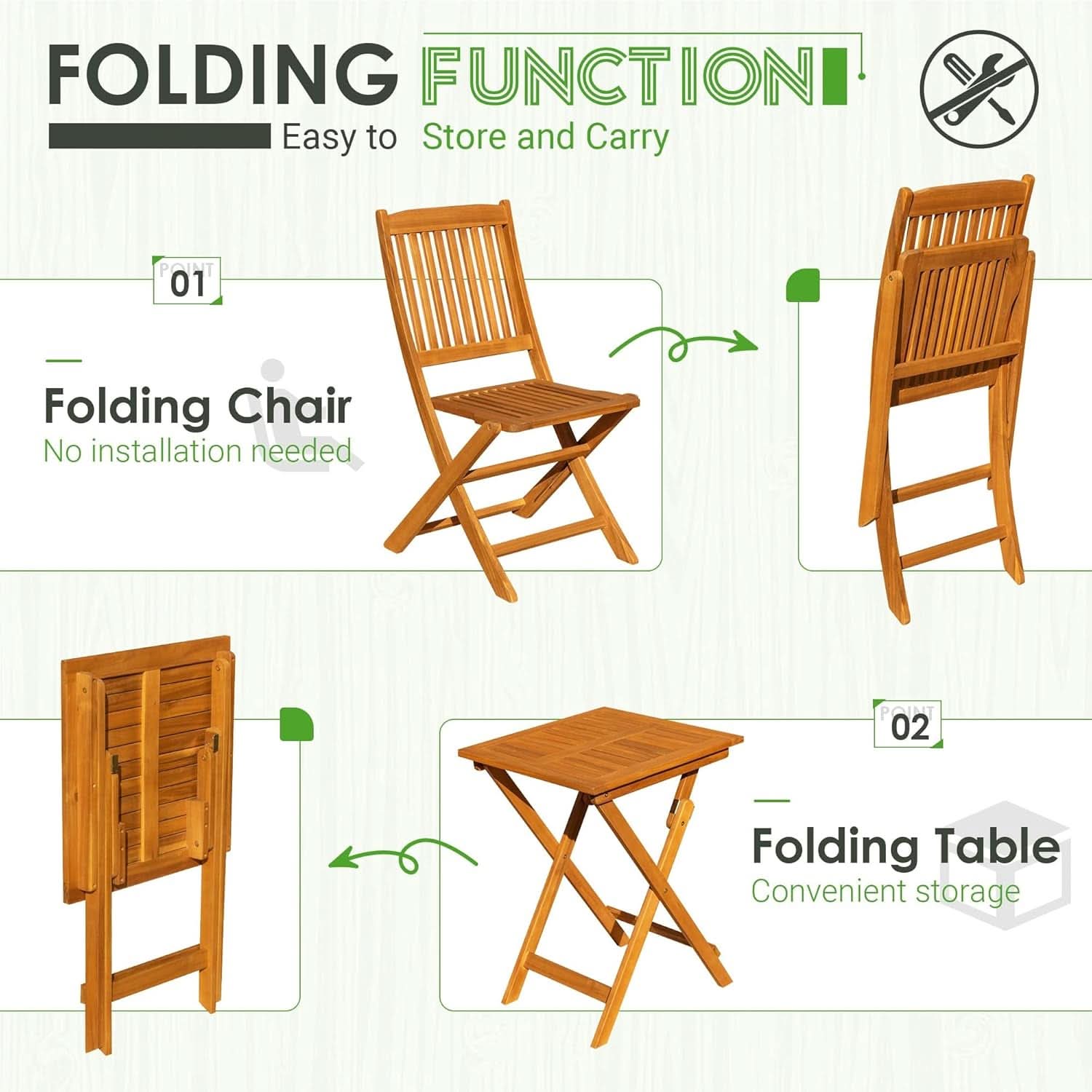 3 Piece Outdoor Folding Bistro Set With Cushions - Acacia Wood