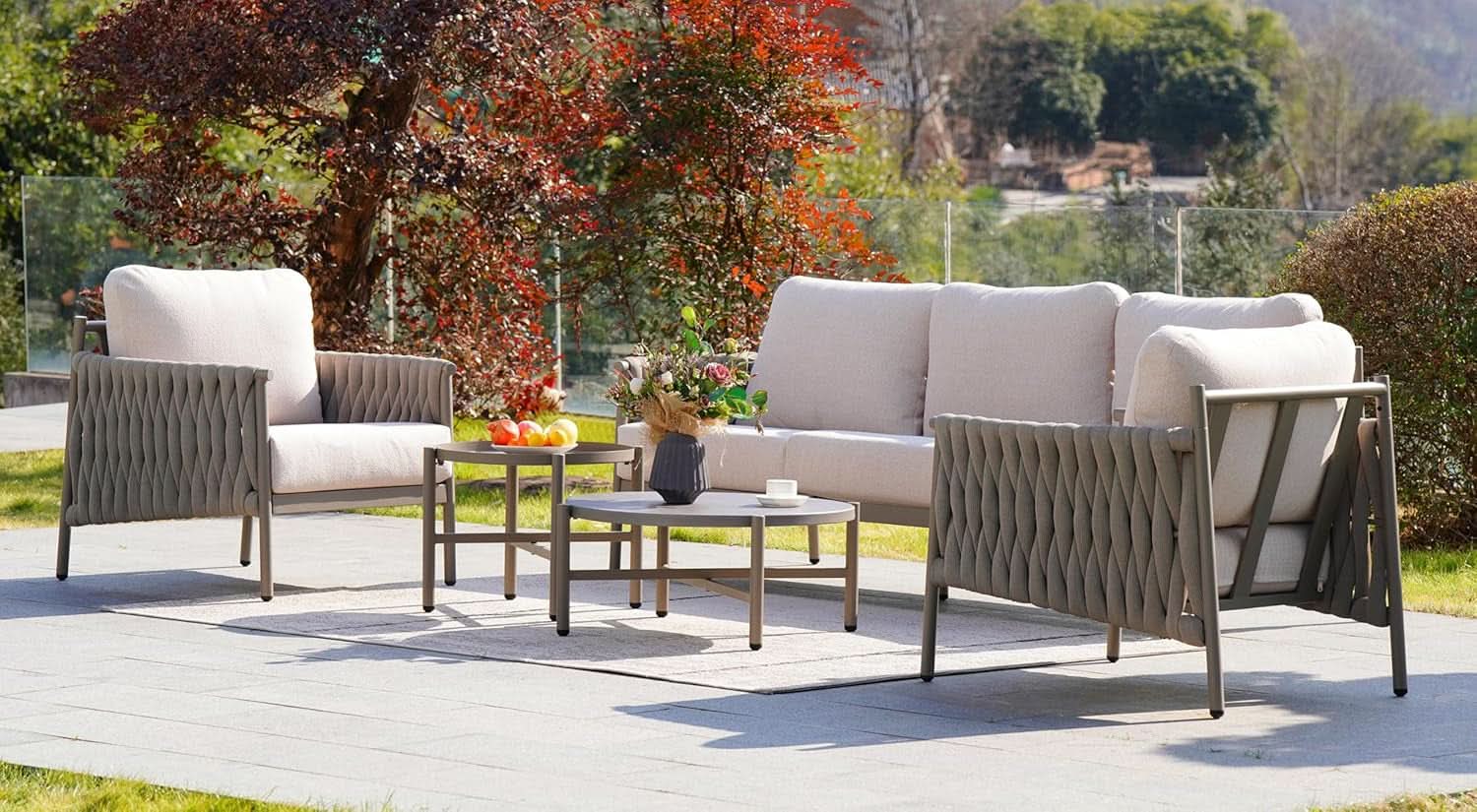 Modern 5 Piece Outdoor Sofa Set with Waterproof Cushions - Gray