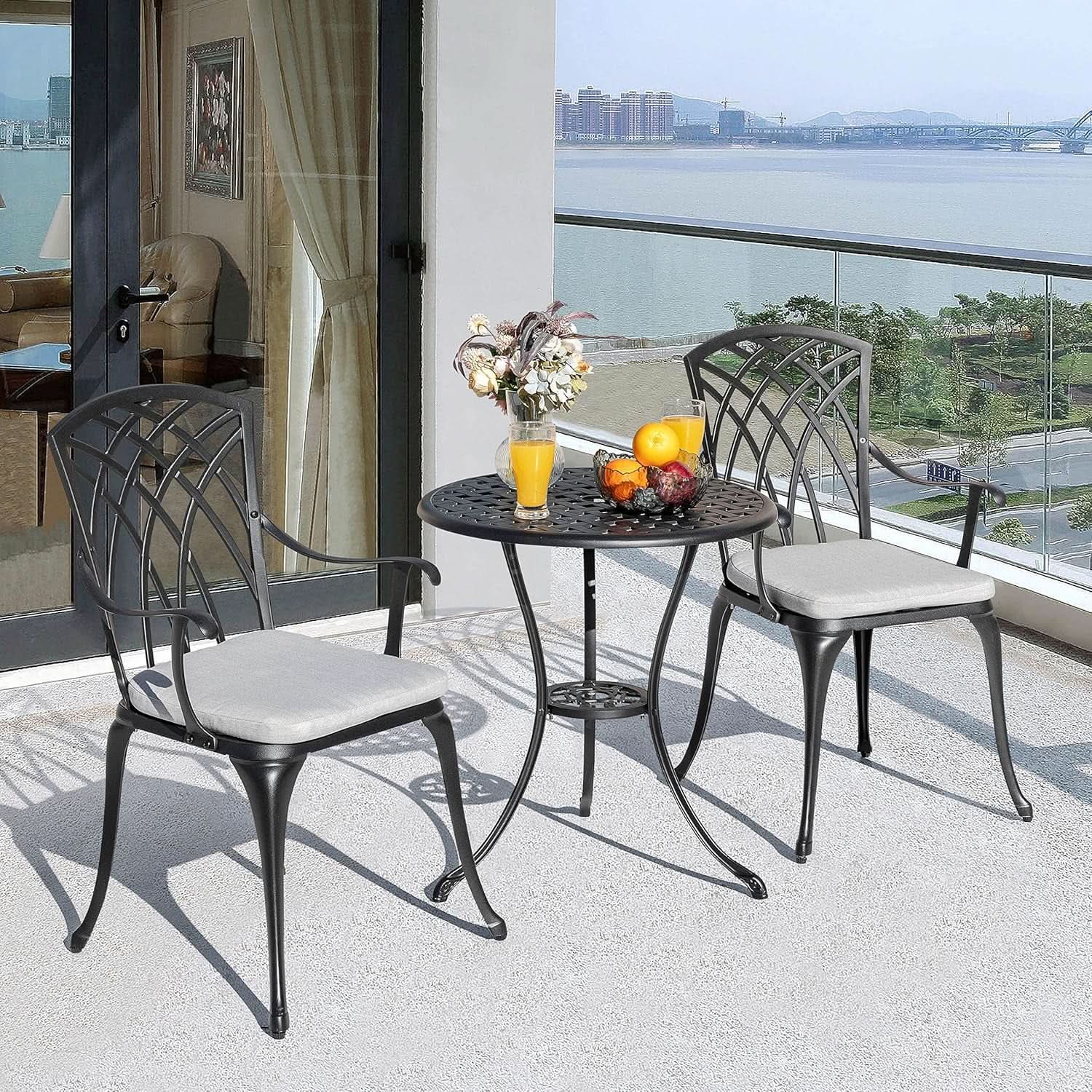 3 Piece Outdoor Cast Aluminum Bistro Set - Black with Gray Cushions