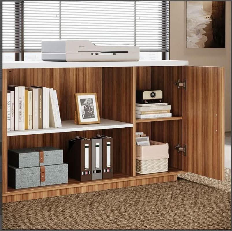 L-Shaped Executive Desk with Storage Cabinet - White Walnut