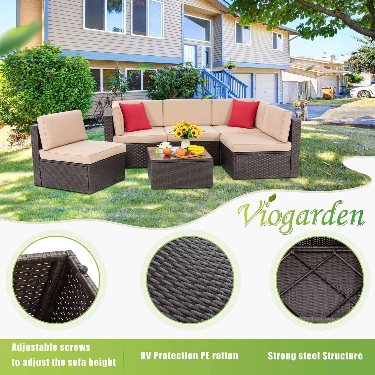 Outdoor Wicker Sectional Sofa Set with Coffee Table - Tan/Brown