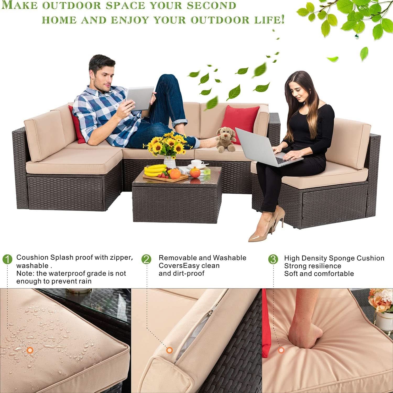 Outdoor Wicker Sectional Sofa Set with Coffee Table - Tan/Brown