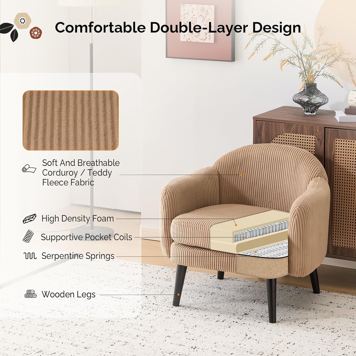 Corduroy Barrel Chair in Khaki