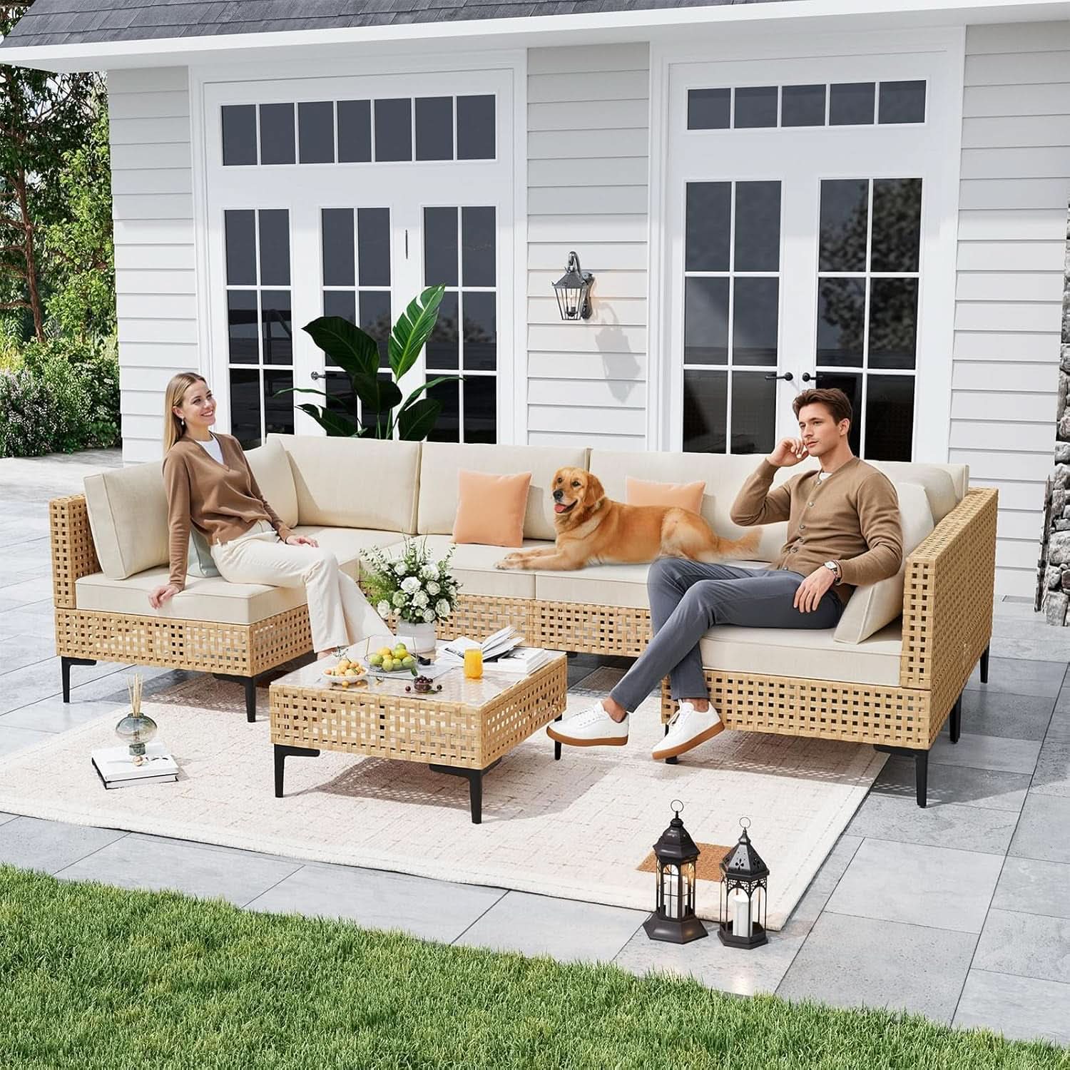 Large 7 Piece Wicker Outdoor Modular Sectional Set - Beige