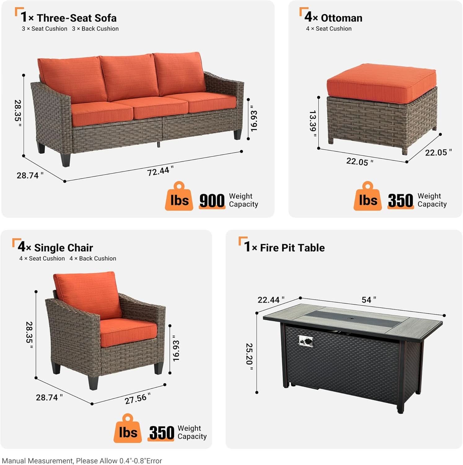 10 Piece Outdoor Patio Lounge Set with Fire Pit - Papaya